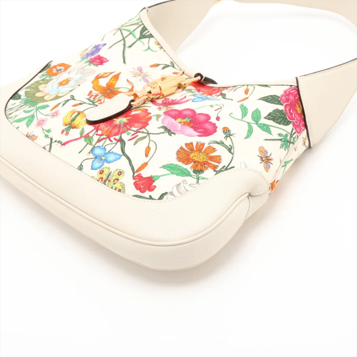 GG Flora New Jackie 550152 Canvas x Leather Shoulder Bag, White — view 3