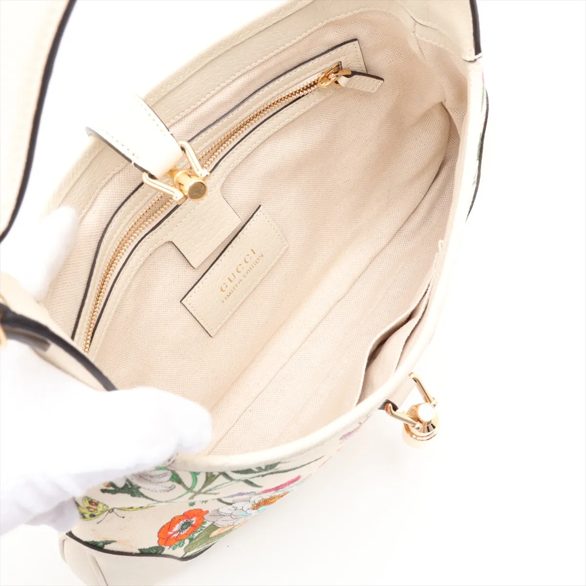 GG Flora New Jackie 550152 Canvas x Leather Shoulder Bag, White — view 7