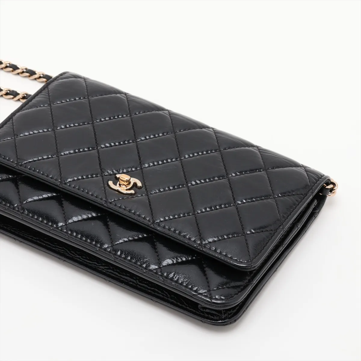 Matelassé Coated Leather Chain Wallet, Black with Gold Hardware, 27023844, Serial Number 27 — view 3