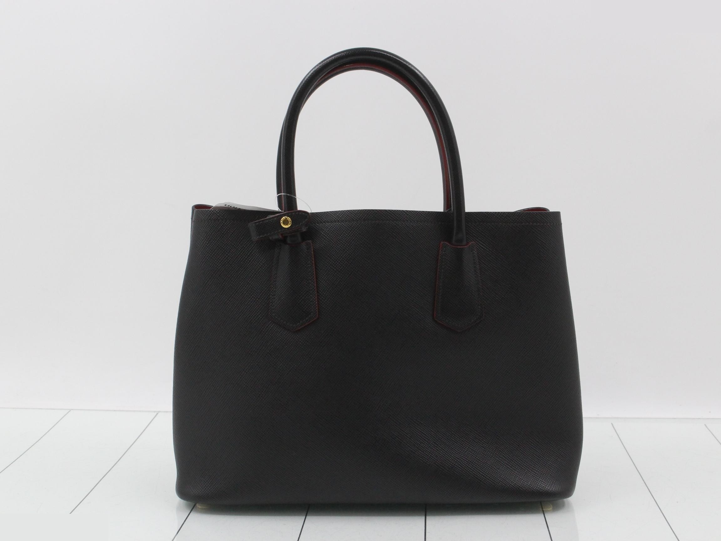 Doublé Saffiano Triangle Plate 2-Way Tote Bag, Black — view 2