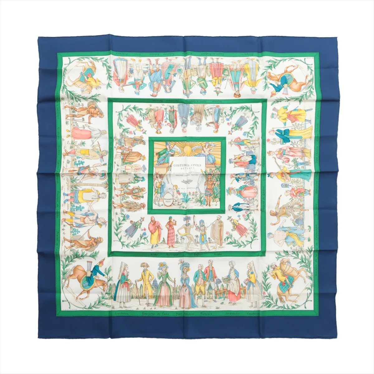 Carre 90 "Costumes Civils Actues" scarf, silk, blue x green. Has