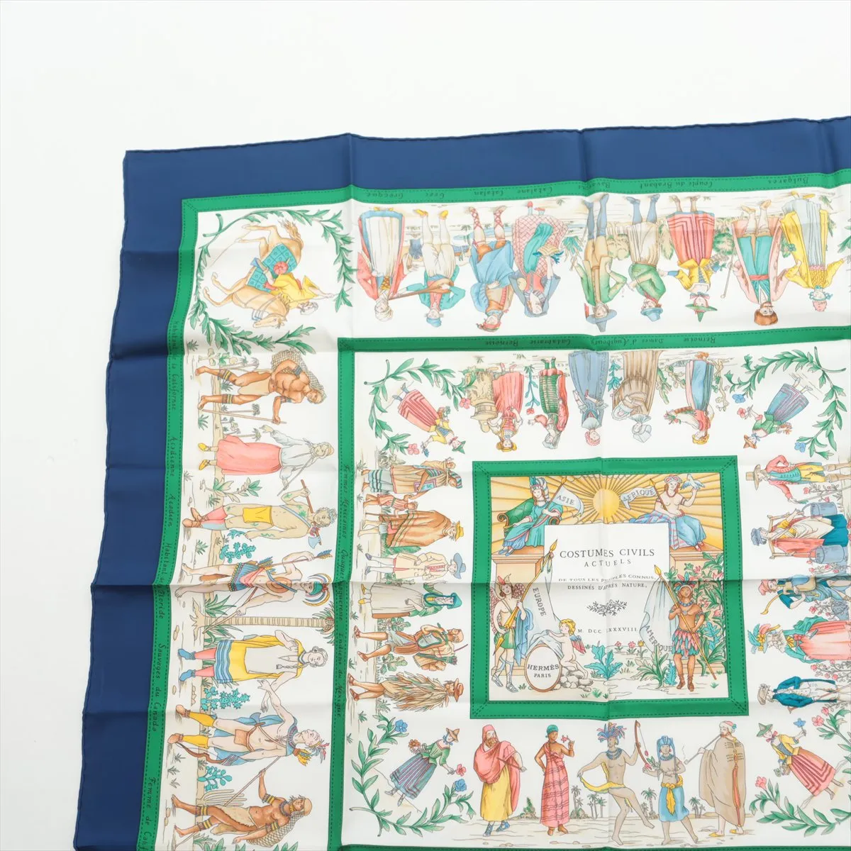 Carre 90 "Costumes Civils Actues" scarf, silk, blue x green. Has — view 2