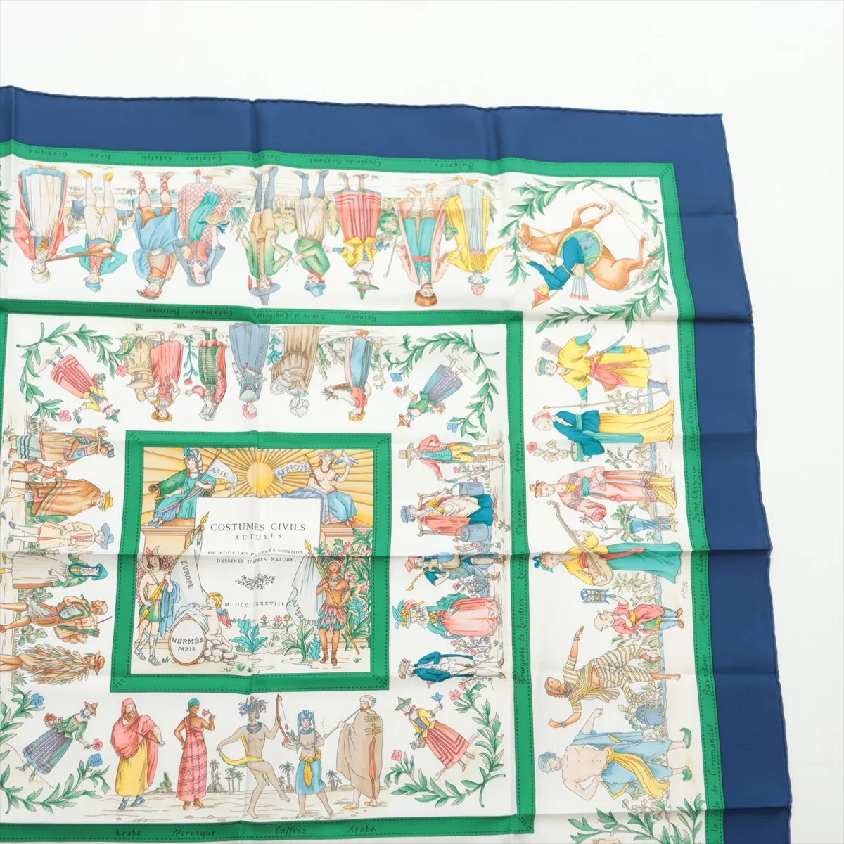 Carre 90 "Costumes Civils Actues" scarf, silk, blue x green. Has — view 3
