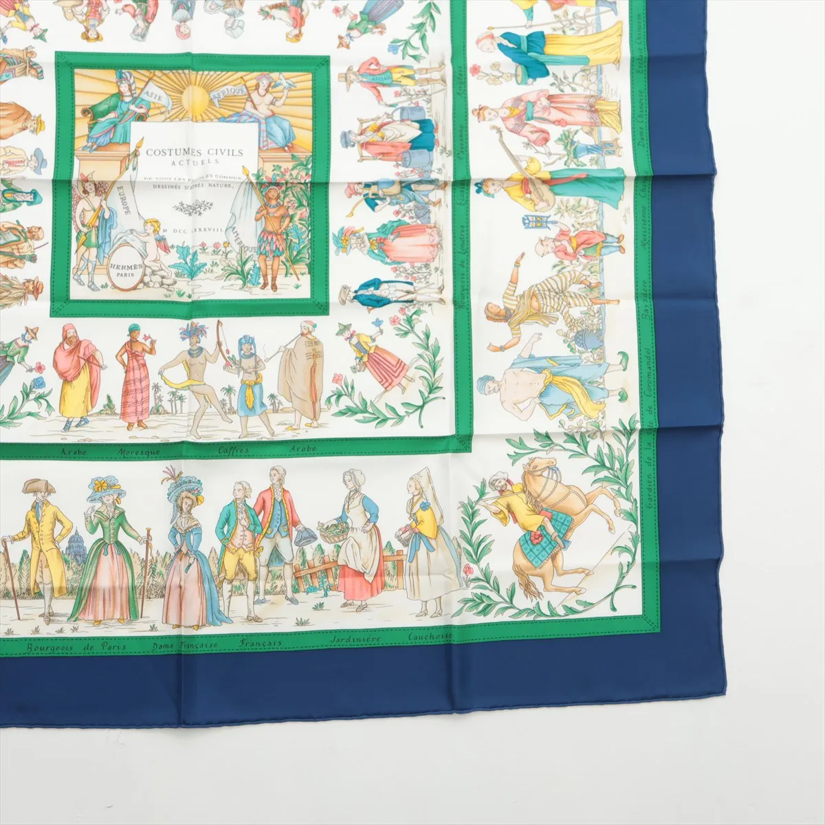 Carre 90 "Costumes Civils Actues" scarf, silk, blue x green. Has — view 4