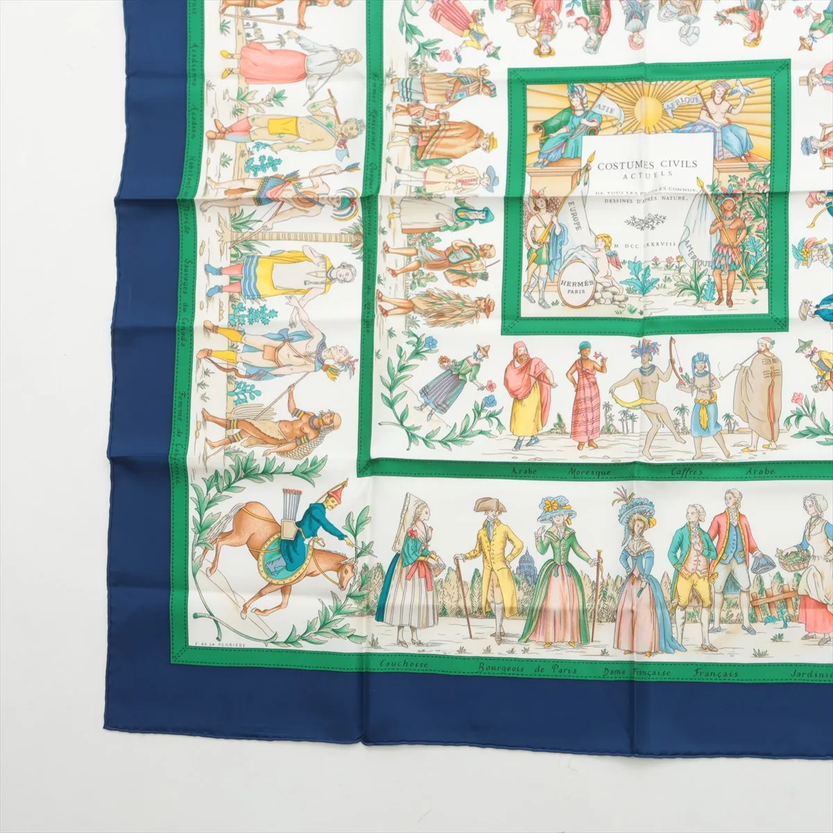 Carre 90 "Costumes Civils Actues" scarf, silk, blue x green. Has — view 5