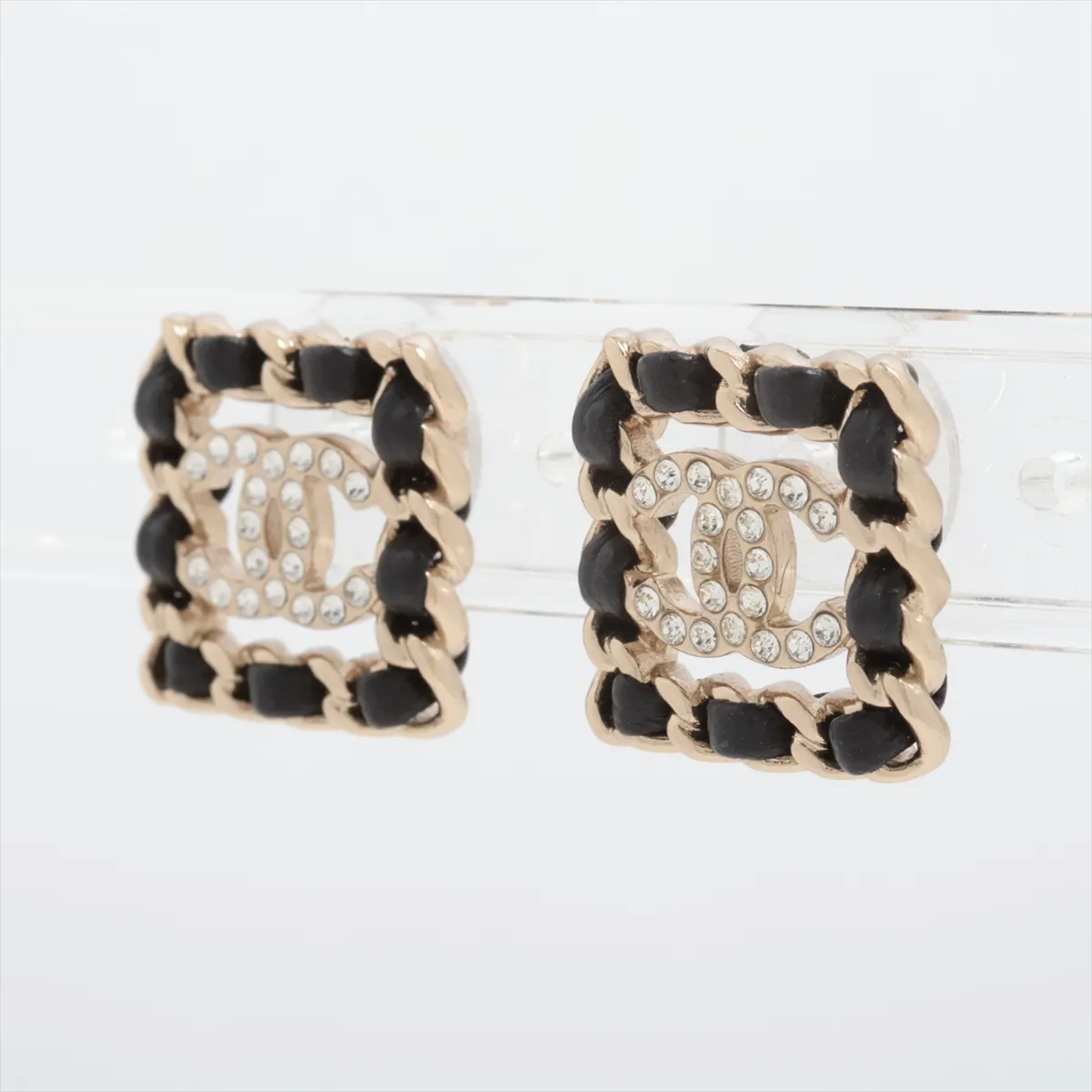 Coco Mark B20B Earrings (Pair) GP x Rhinestone x Leather Black x Gold — view 3