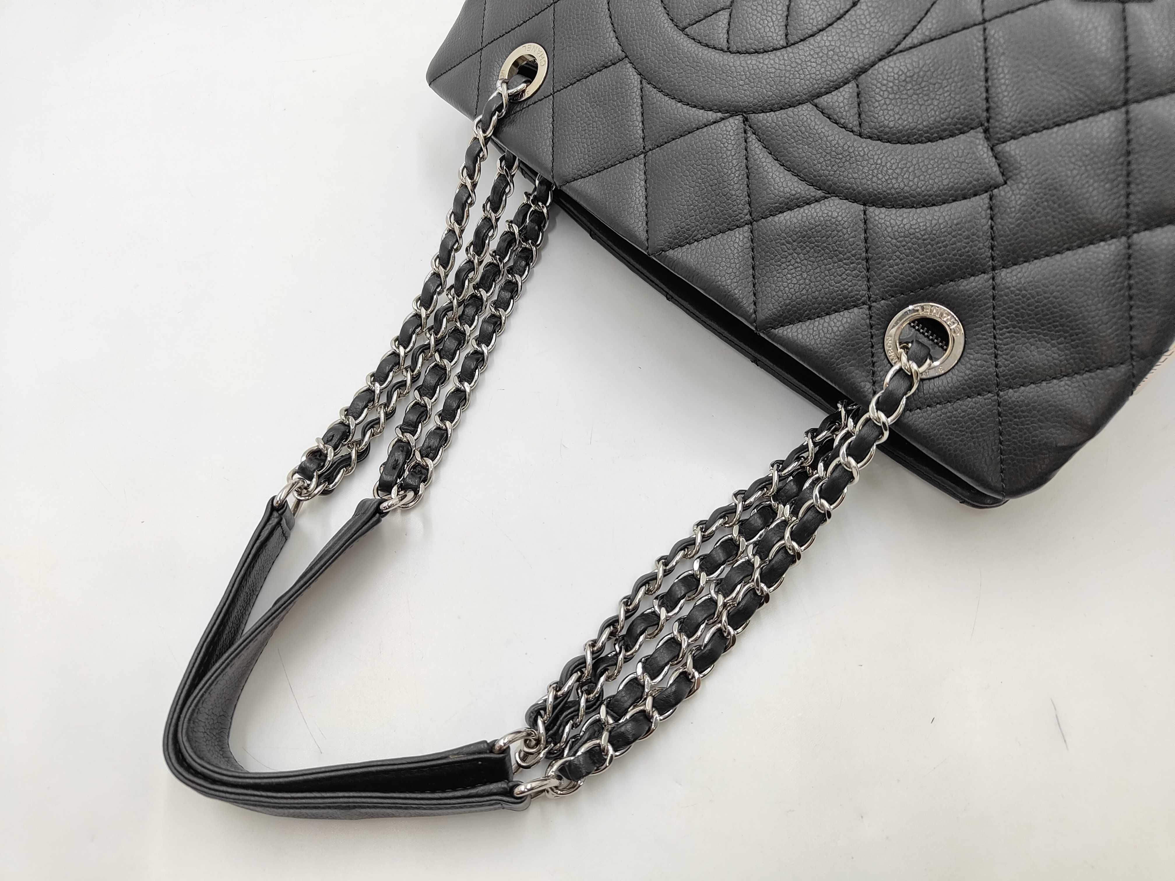 Black Caviar Leather Chain Tote Bag with Silver Hardware (Serial Number 15-series, A66871) — view 5