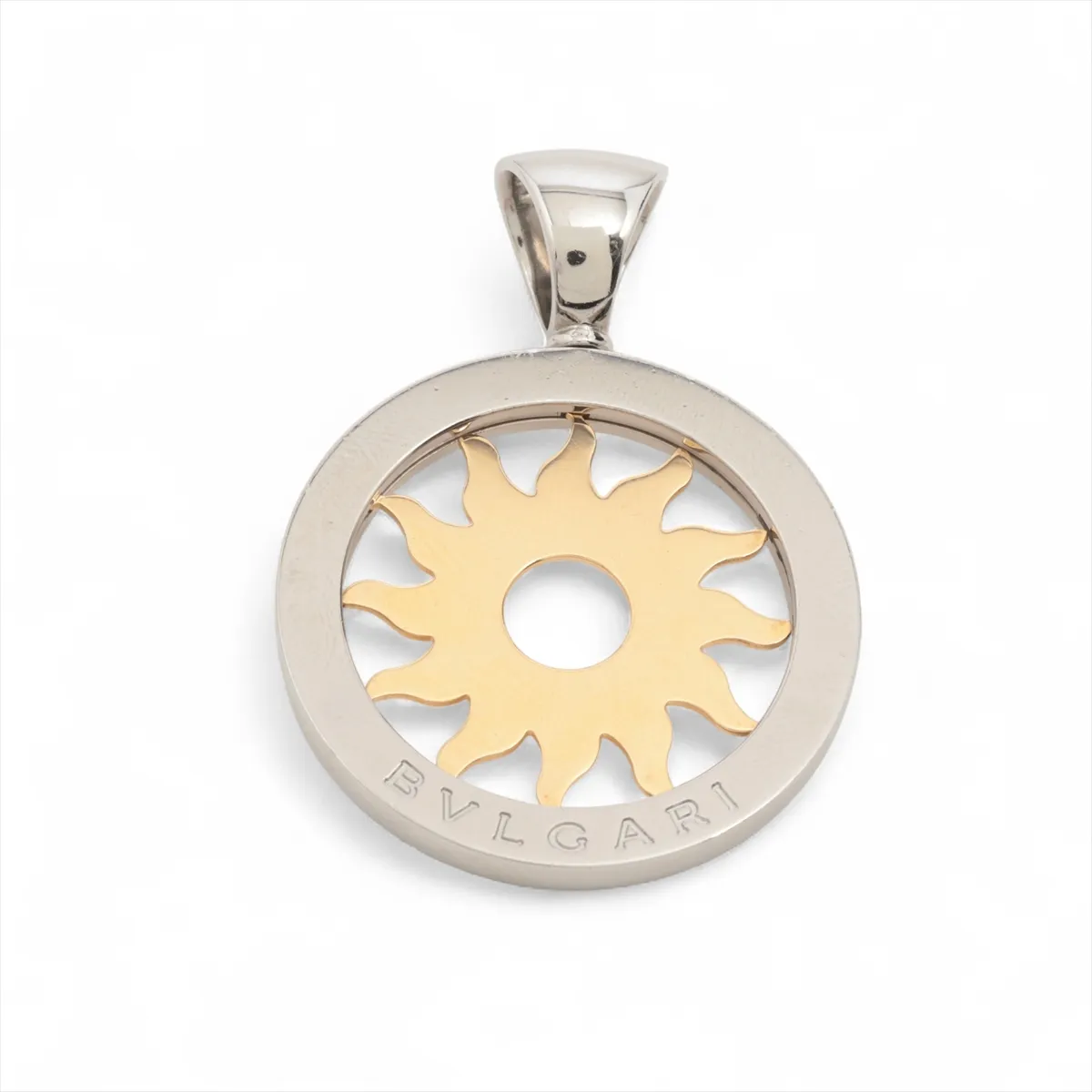 Tondo Sun necklace pendant, 750 (yellow gold) x stainless steel, 11.0g. Some dents, slight looseness in the bail.