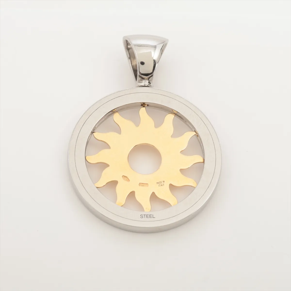 Tondo Sun necklace pendant, 750 (yellow gold) x stainless steel, 11.0g. Some dents, slight looseness in the bail. — view 2