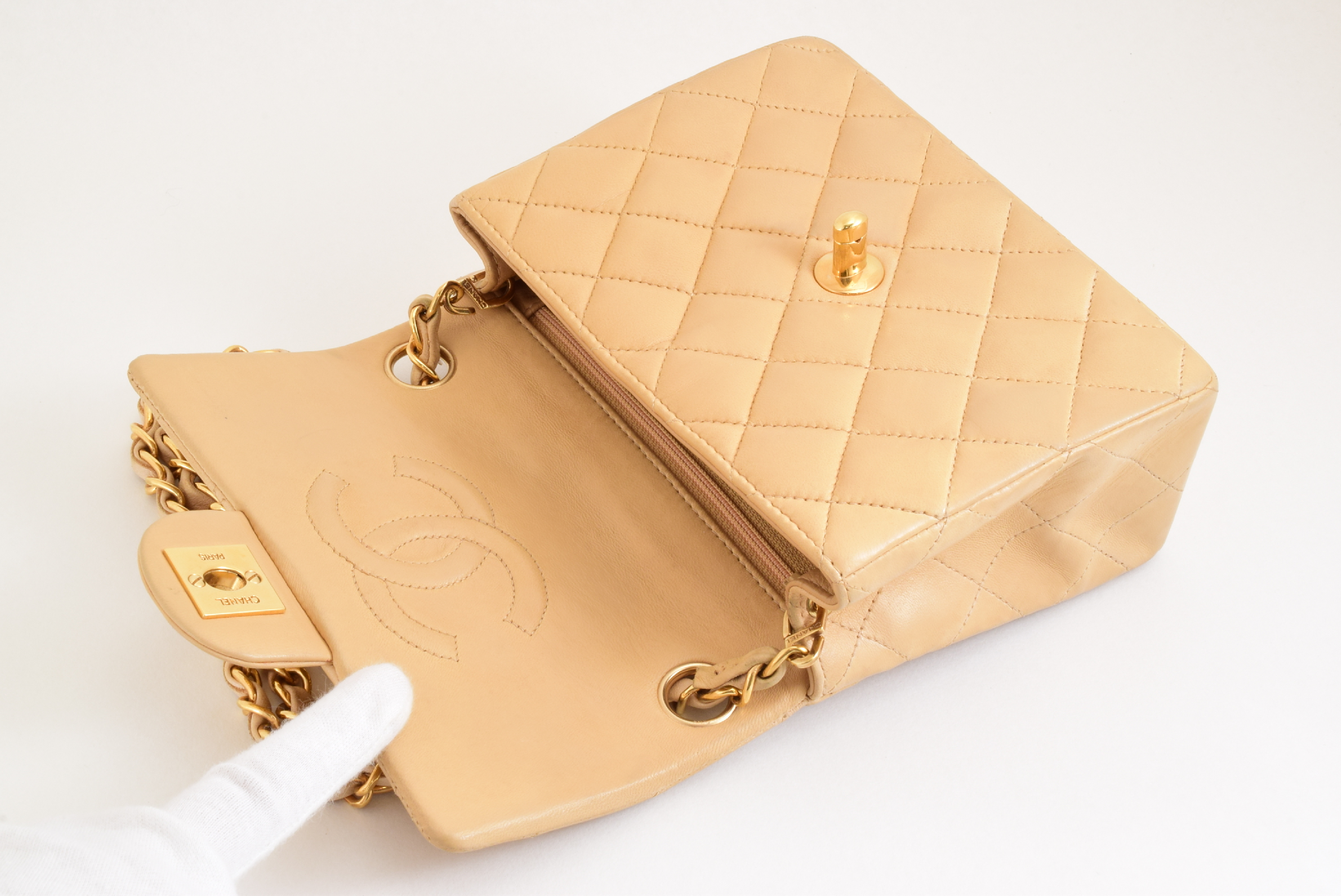 Matelassé Mini Chain Shoulder Bag, Beige — view 9