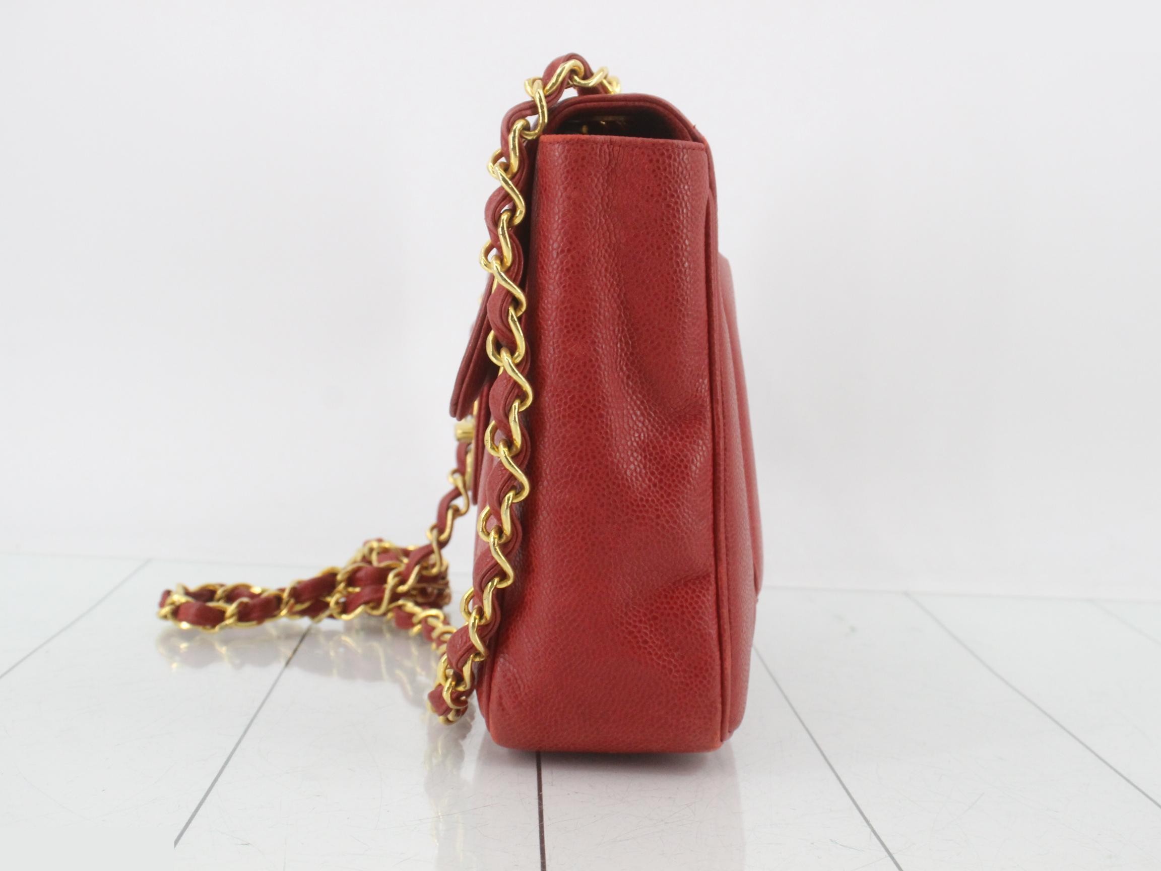 Mademoiselle Caviar Skin Chain Shoulder Bag, Red — view 3