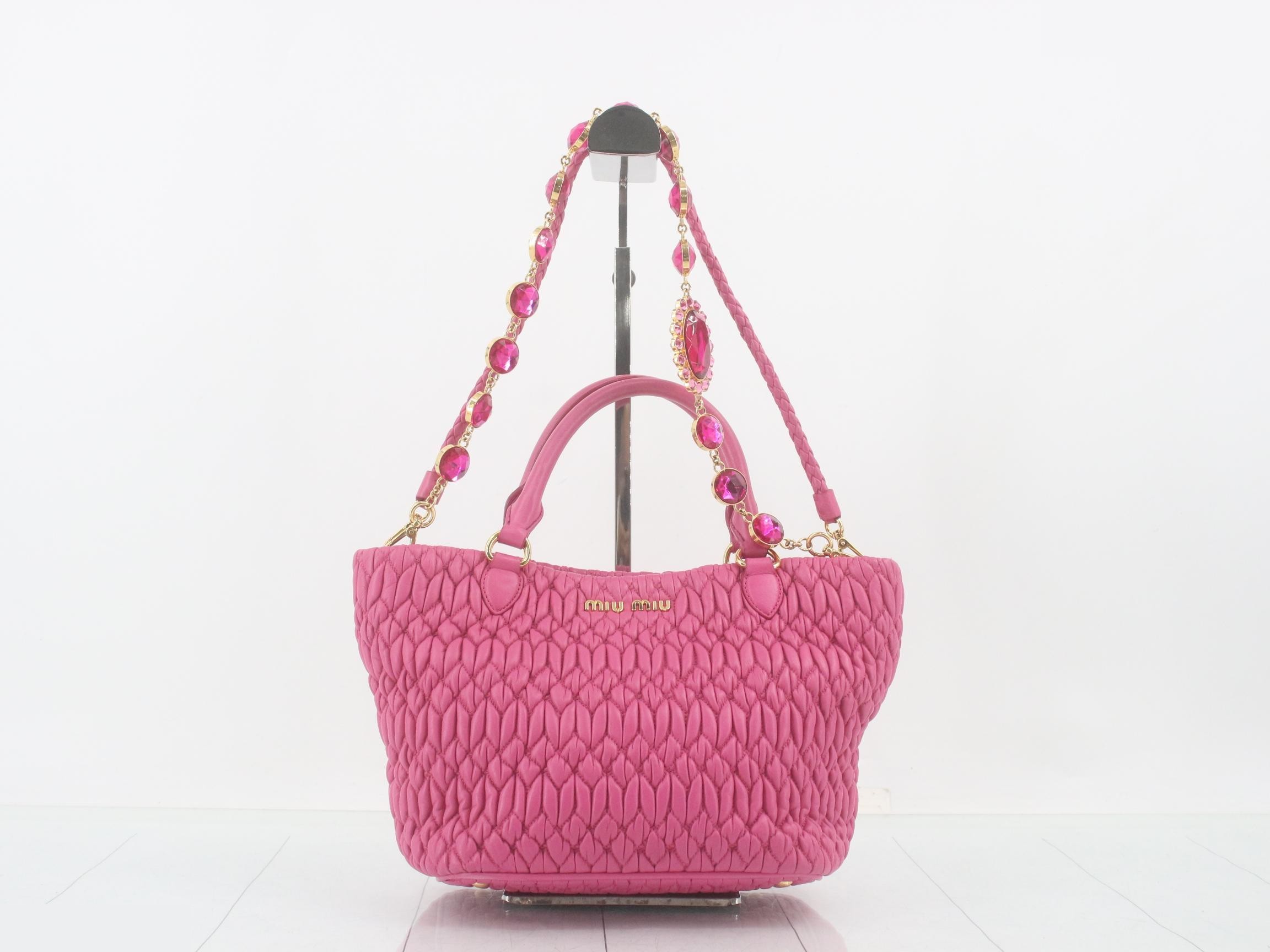 Matelassé (Bag) - 2-Way Bag with Long Strap, Rhinestone Embellishment, Pink