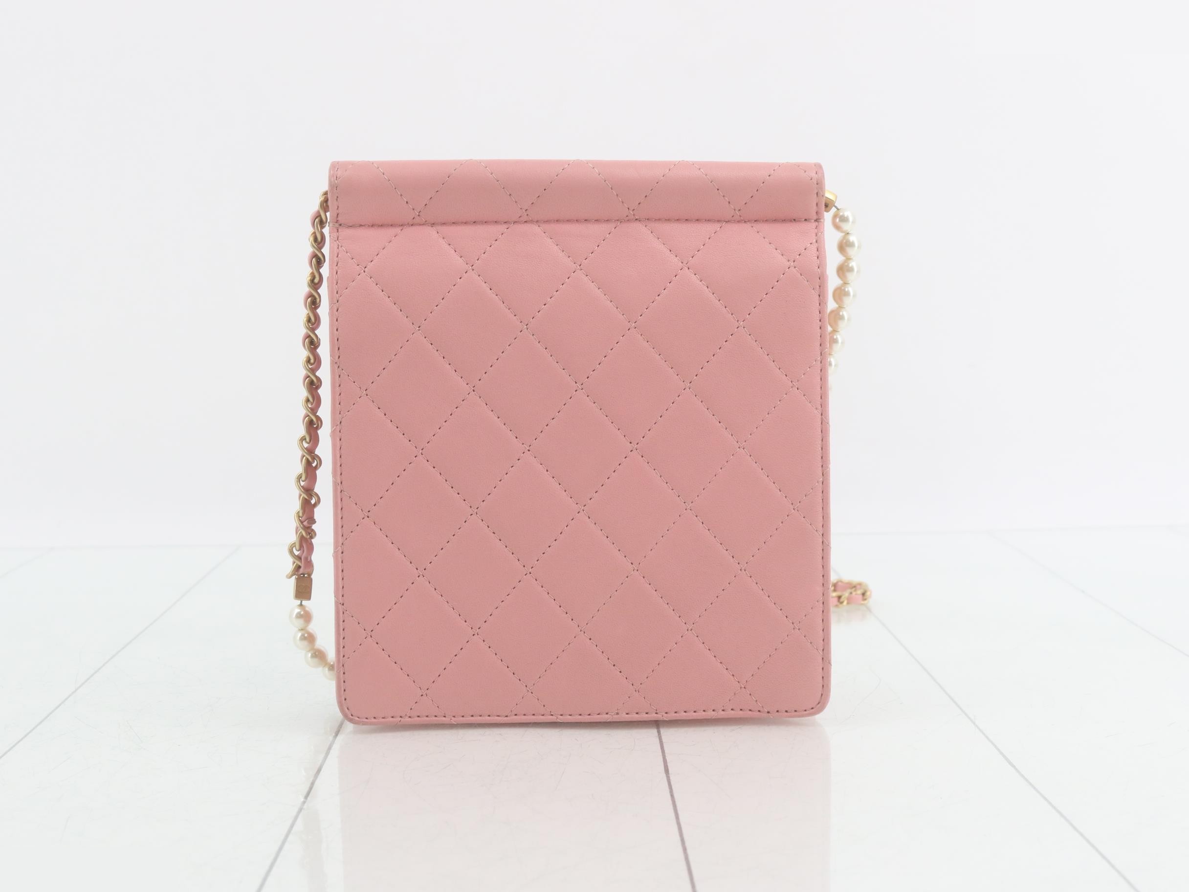 Leather Coco Mark Pearl Chain Shoulder Bag, Pink — view 2
