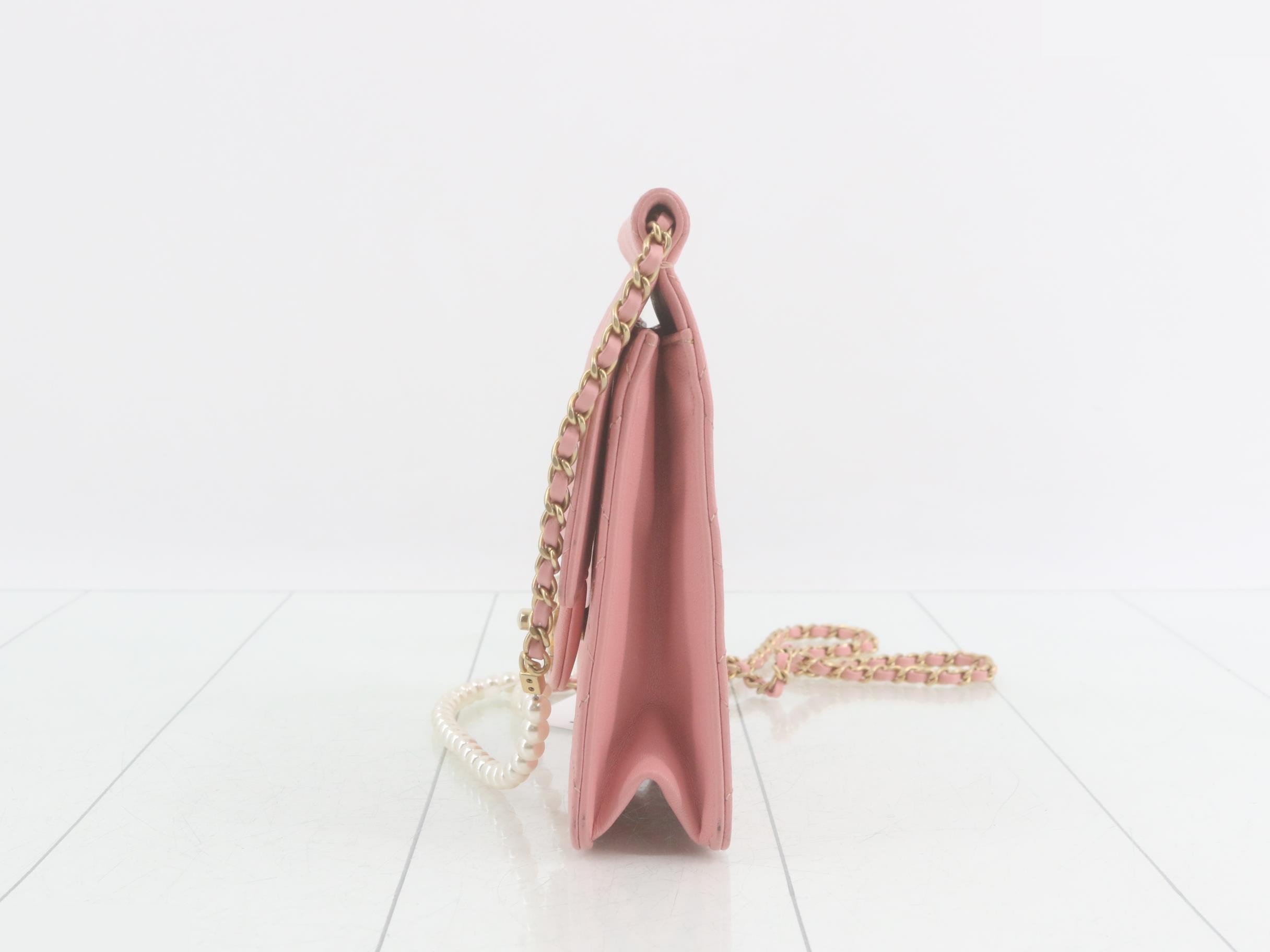Leather Coco Mark Pearl Chain Shoulder Bag, Pink — view 3