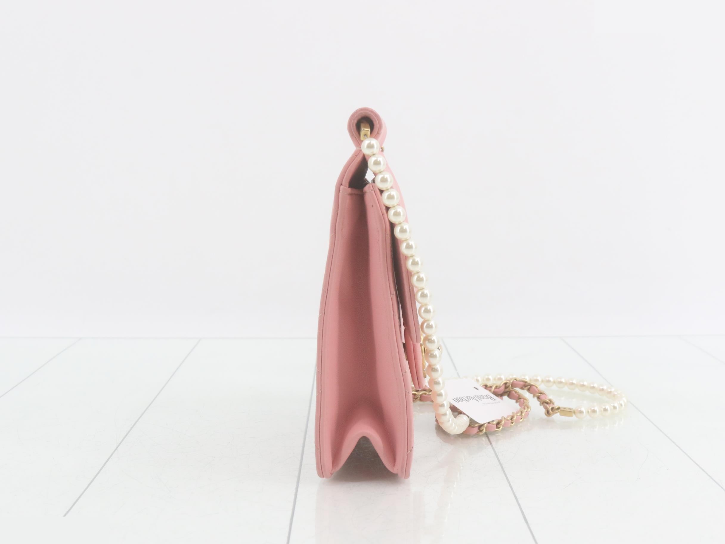 Leather Coco Mark Pearl Chain Shoulder Bag, Pink — view 4