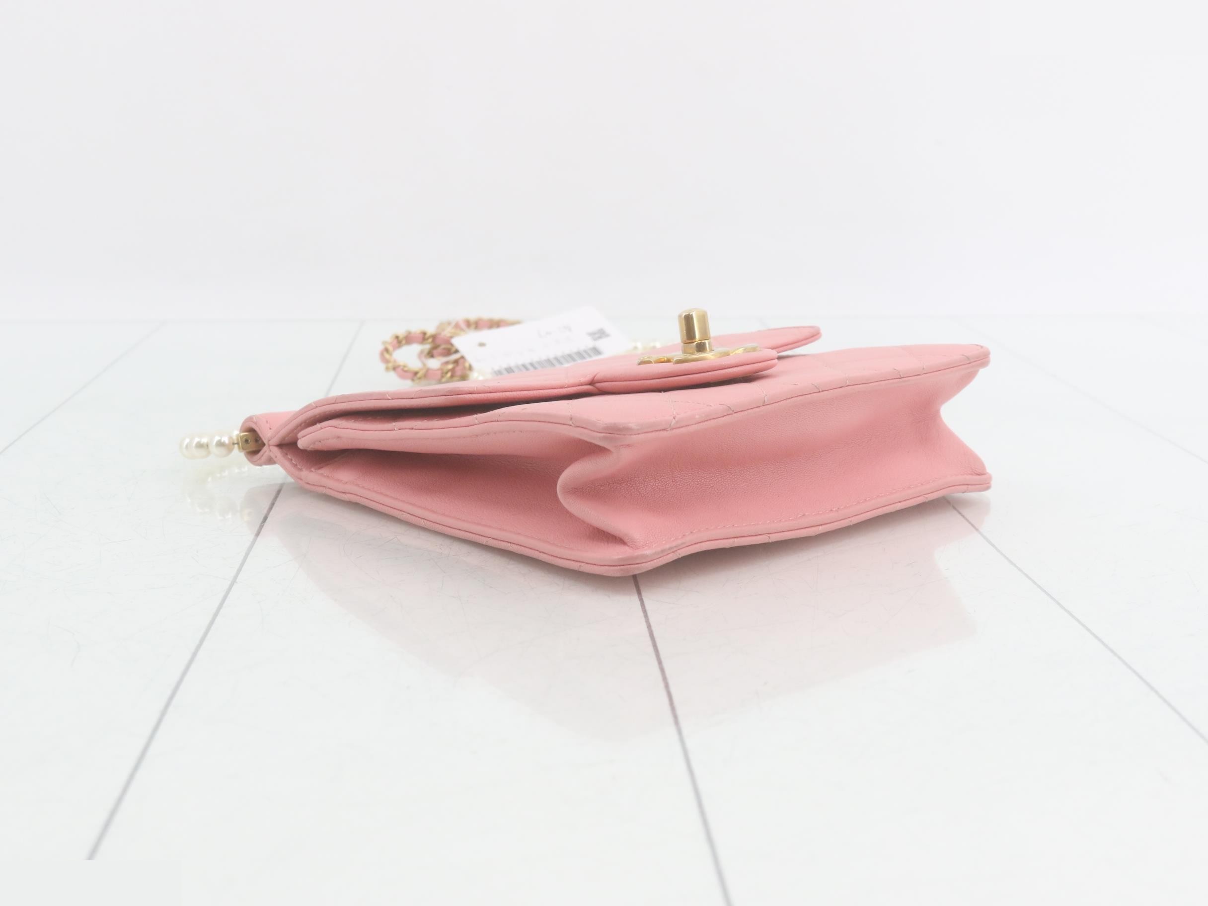 Leather Coco Mark Pearl Chain Shoulder Bag, Pink — view 5