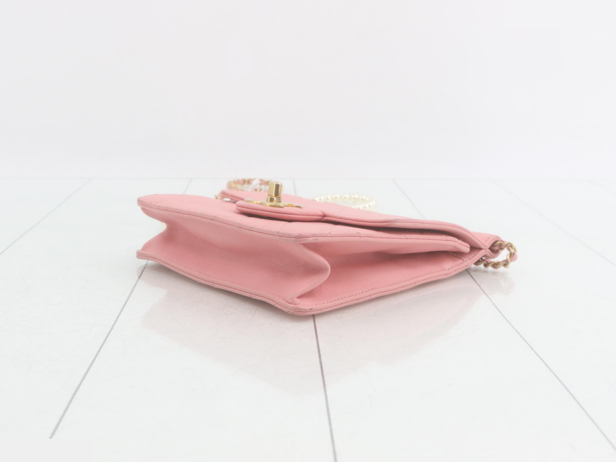 Leather Coco Mark Pearl Chain Shoulder Bag, Pink — view 6
