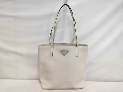 Triangle Logo Plate Tote Bag 1BG342 Silver Hardware Sapphire Leather White Tote Bag