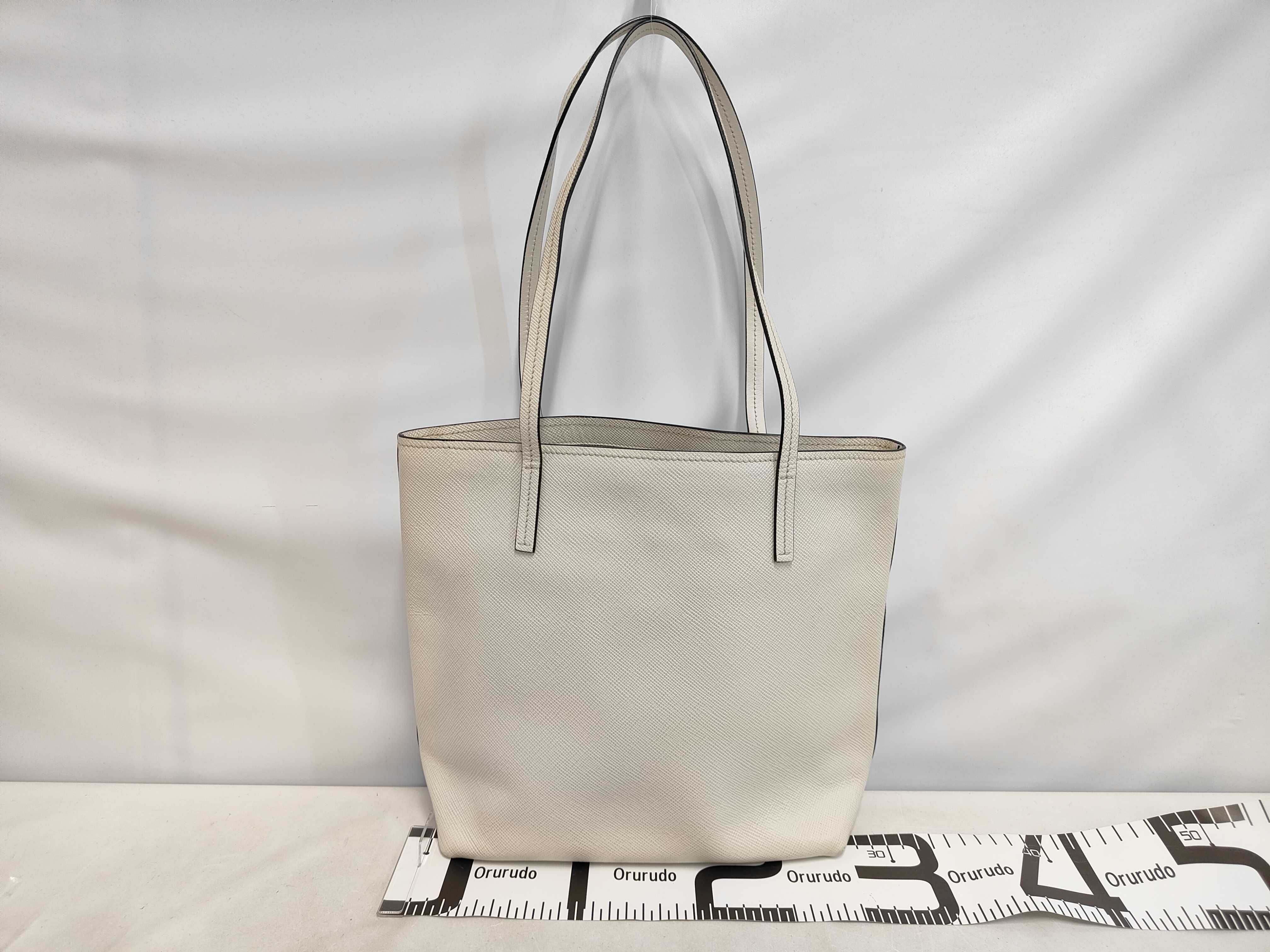 Triangle Logo Plate Tote Bag 1BG342 Silver Hardware Sapphire Leather White Tote Bag — view 2
