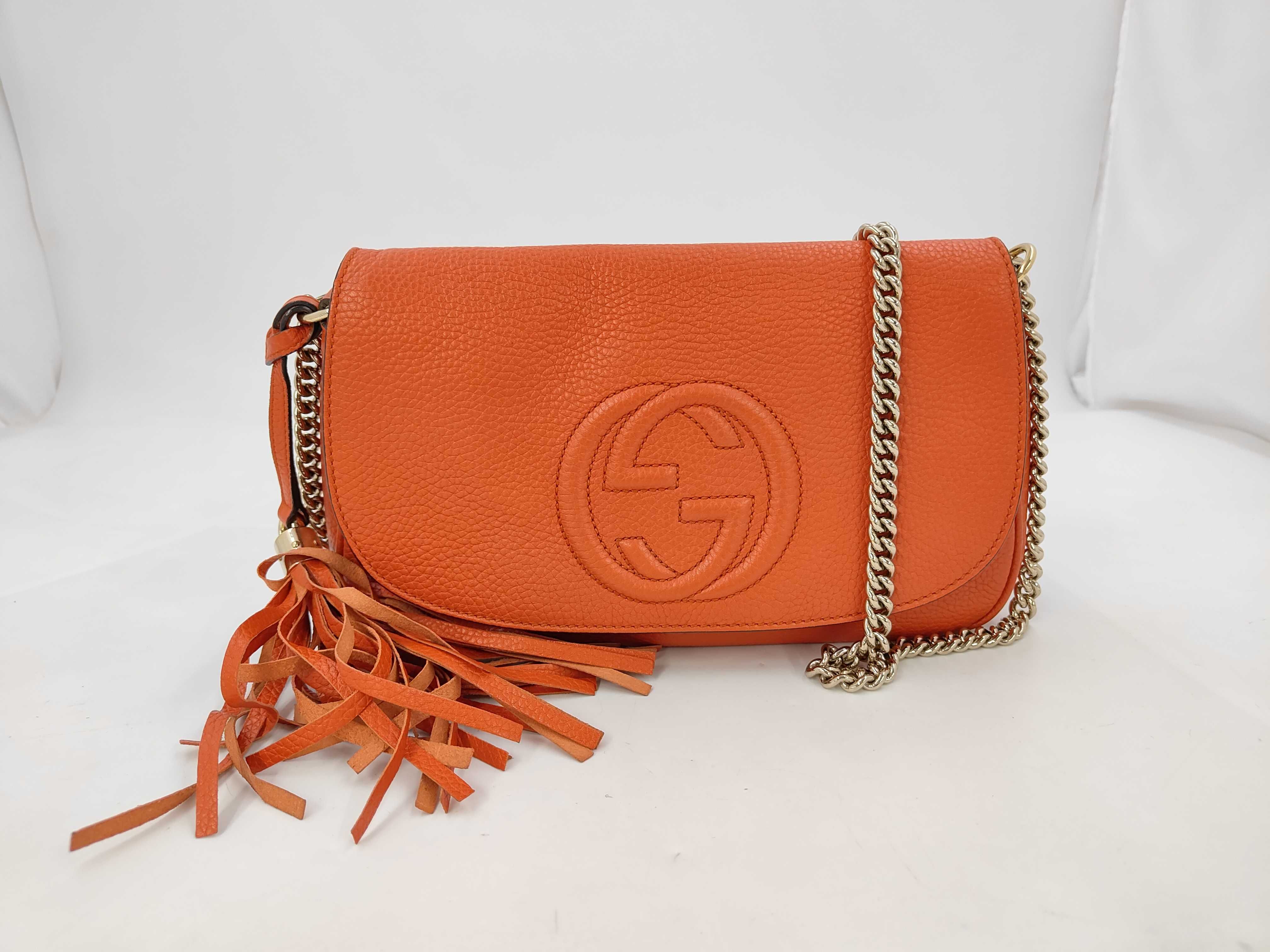 Soho Flap Bag, Orange, Embossed Logo, Caviar Skin, Tassel Shoulder Bag