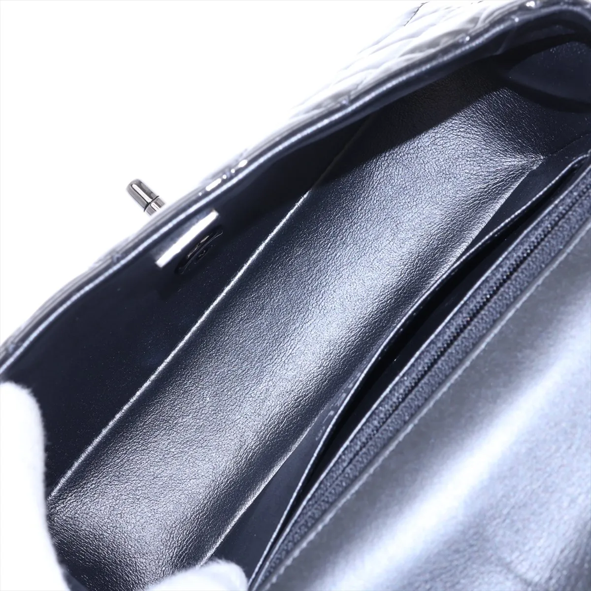 Mini Matelassé 20 Patent Leather Single Flap Single Chain Bag, Black with Black Hardware, U8UG6C37, Random Plate, A69900 — view 6