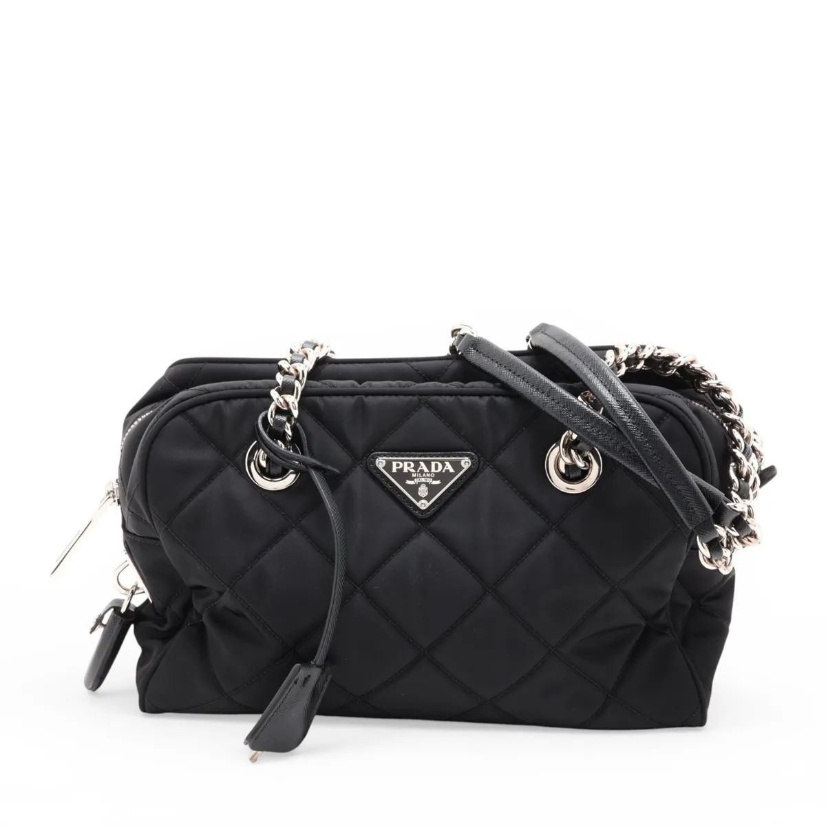 Tessuto Inpunto Nylon x Leather Chain Shoulder Bag, Black