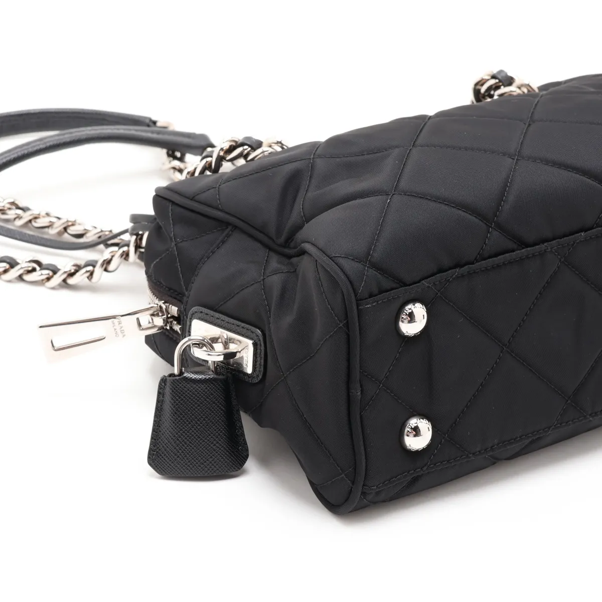 Tessuto Inpunto Nylon x Leather Chain Shoulder Bag, Black — view 4