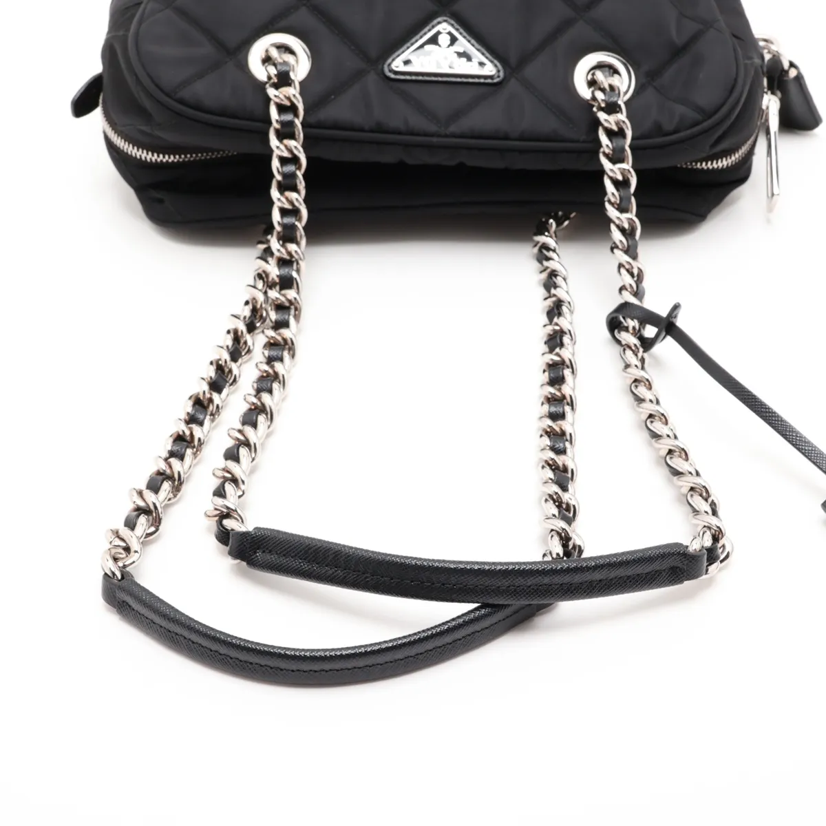 Tessuto Inpunto Nylon x Leather Chain Shoulder Bag, Black — view 5
