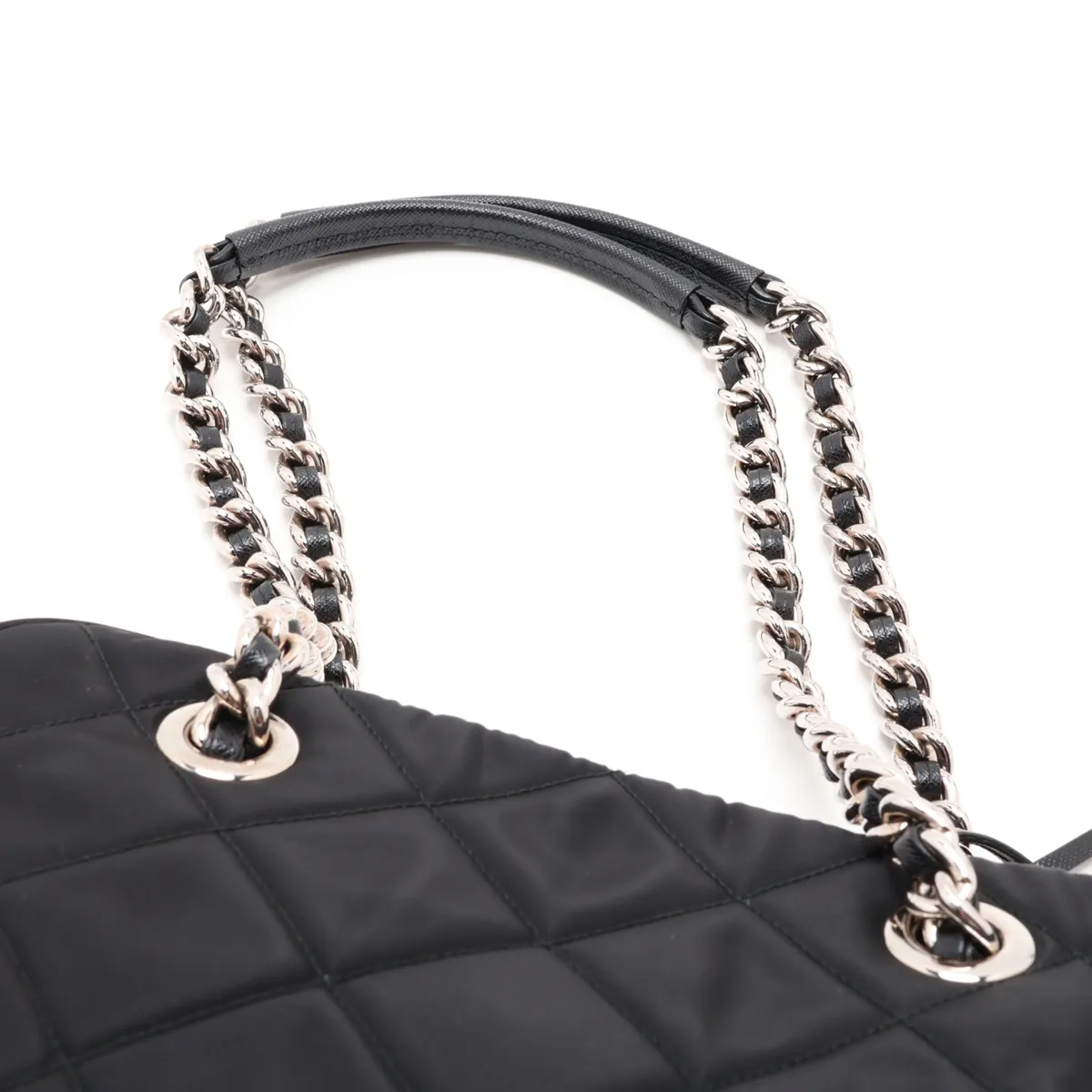 Tessuto Inpunto Nylon x Leather Chain Shoulder Bag, Black — view 6