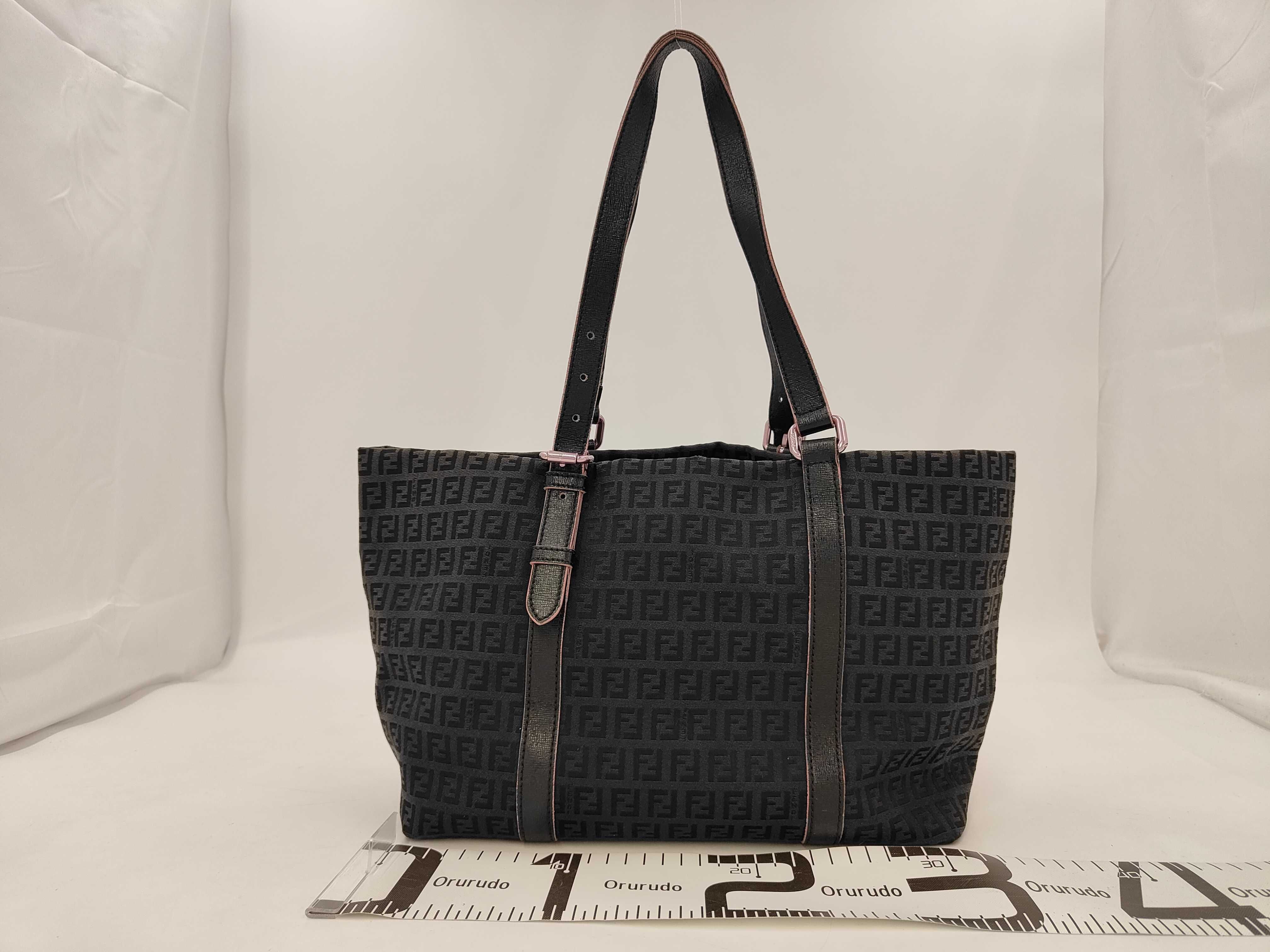 Pink Zucchino Tote Bag with Black FF Charm and Leather Strap Shoulder Bag — view 2