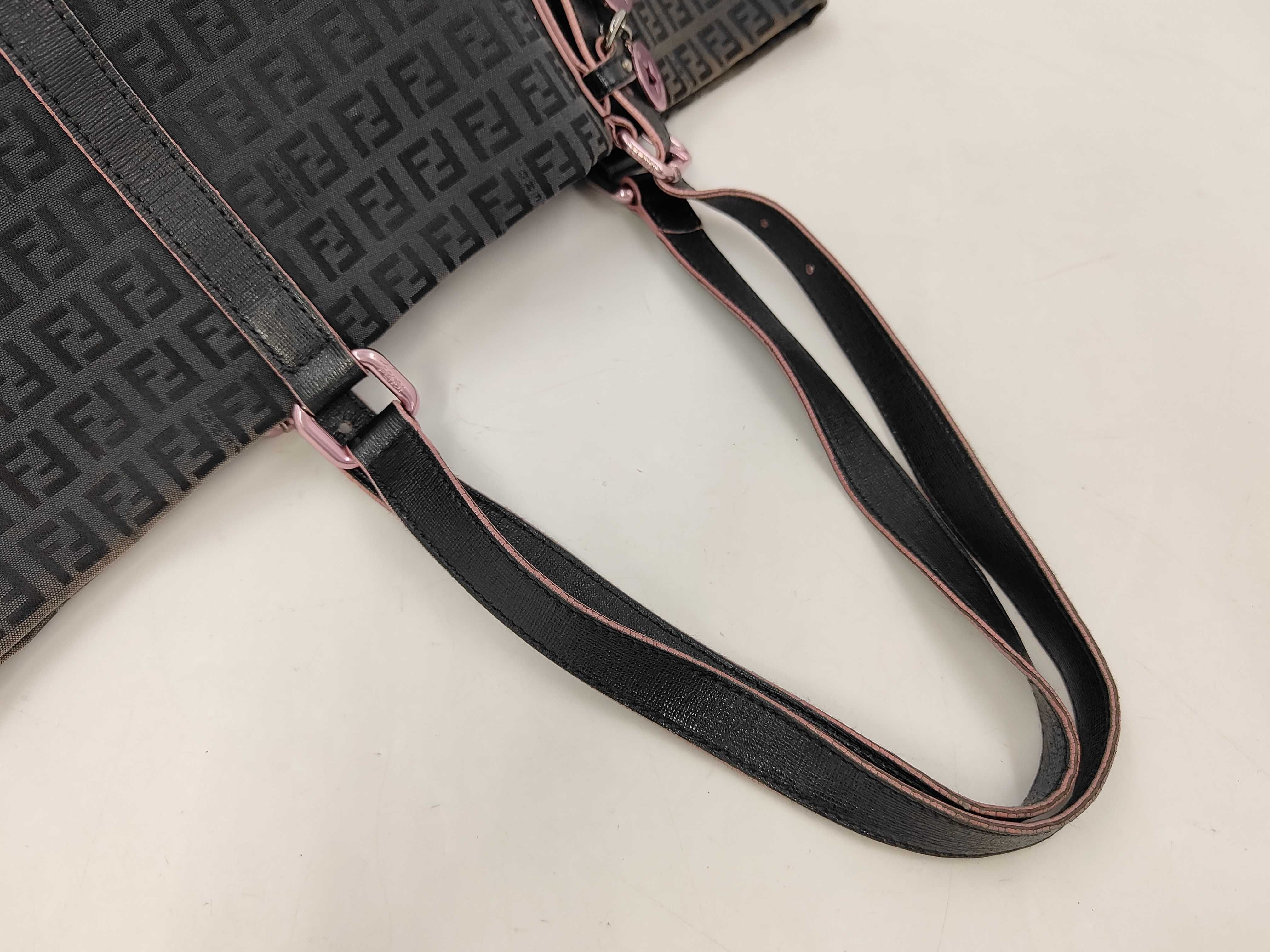 Pink Zucchino Tote Bag with Black FF Charm and Leather Strap Shoulder Bag — view 3