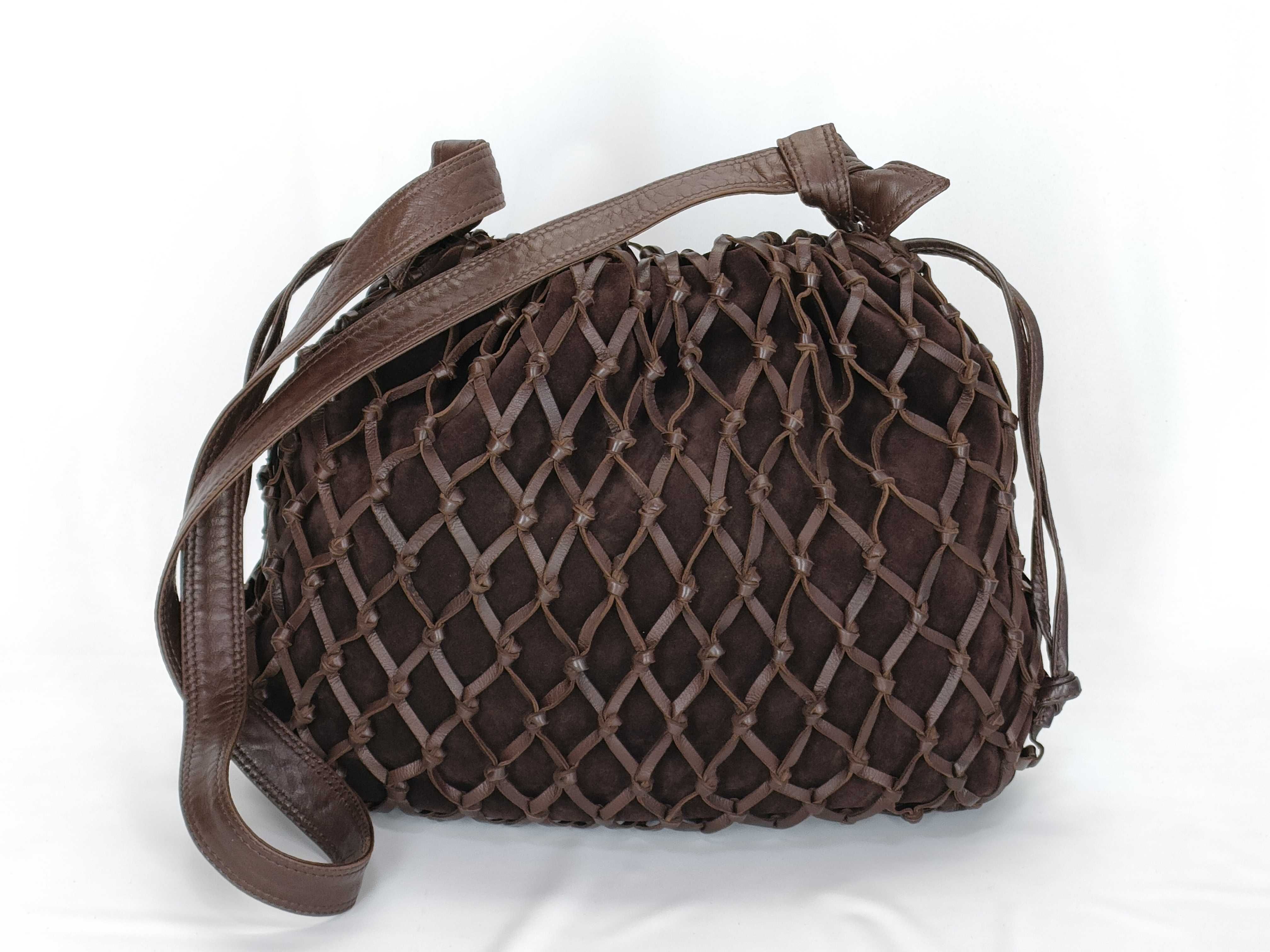 Suede Leather Net Shoulder Bag (Brown)
