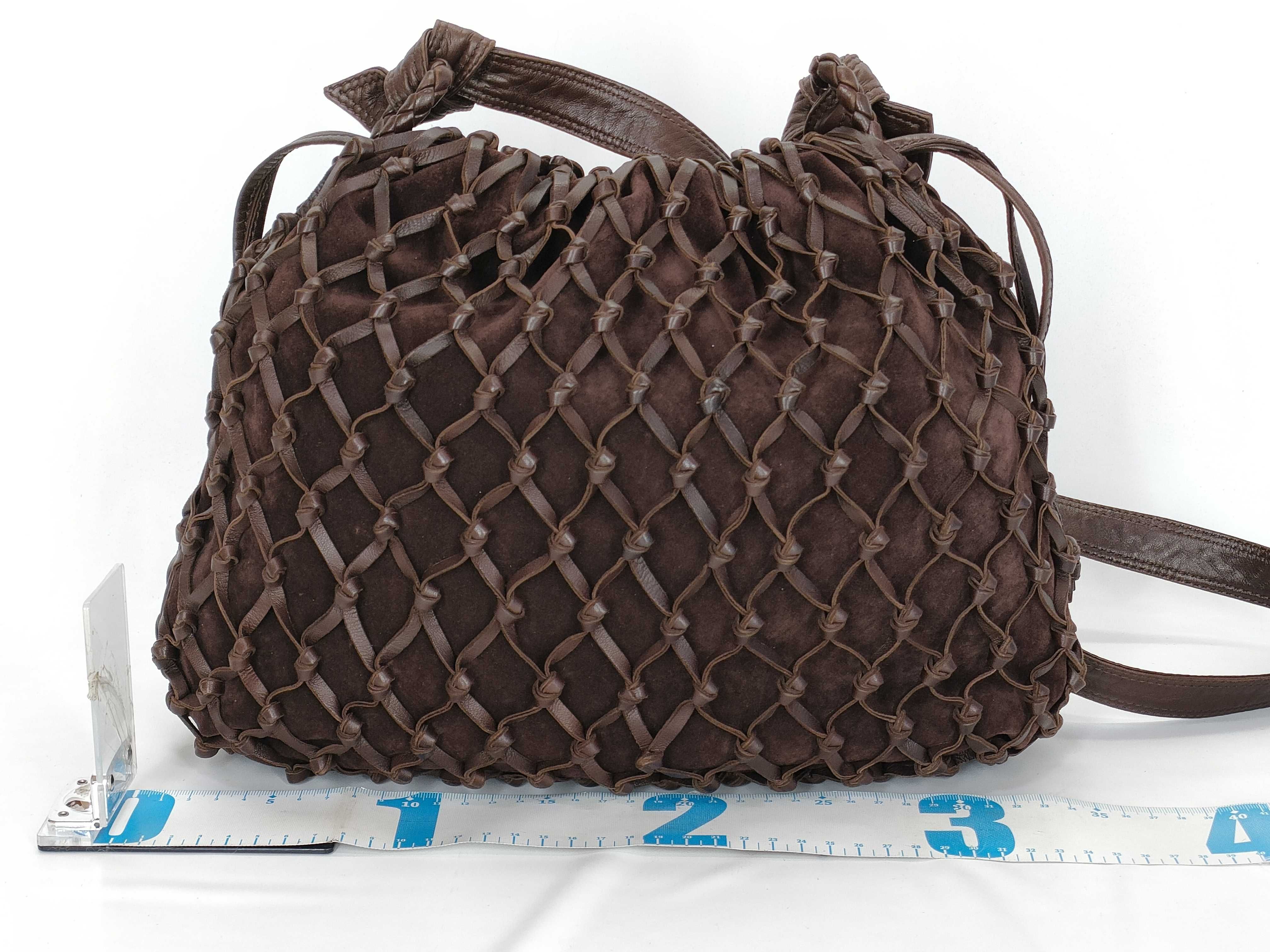 Suede Leather Net Shoulder Bag (Brown) — view 2