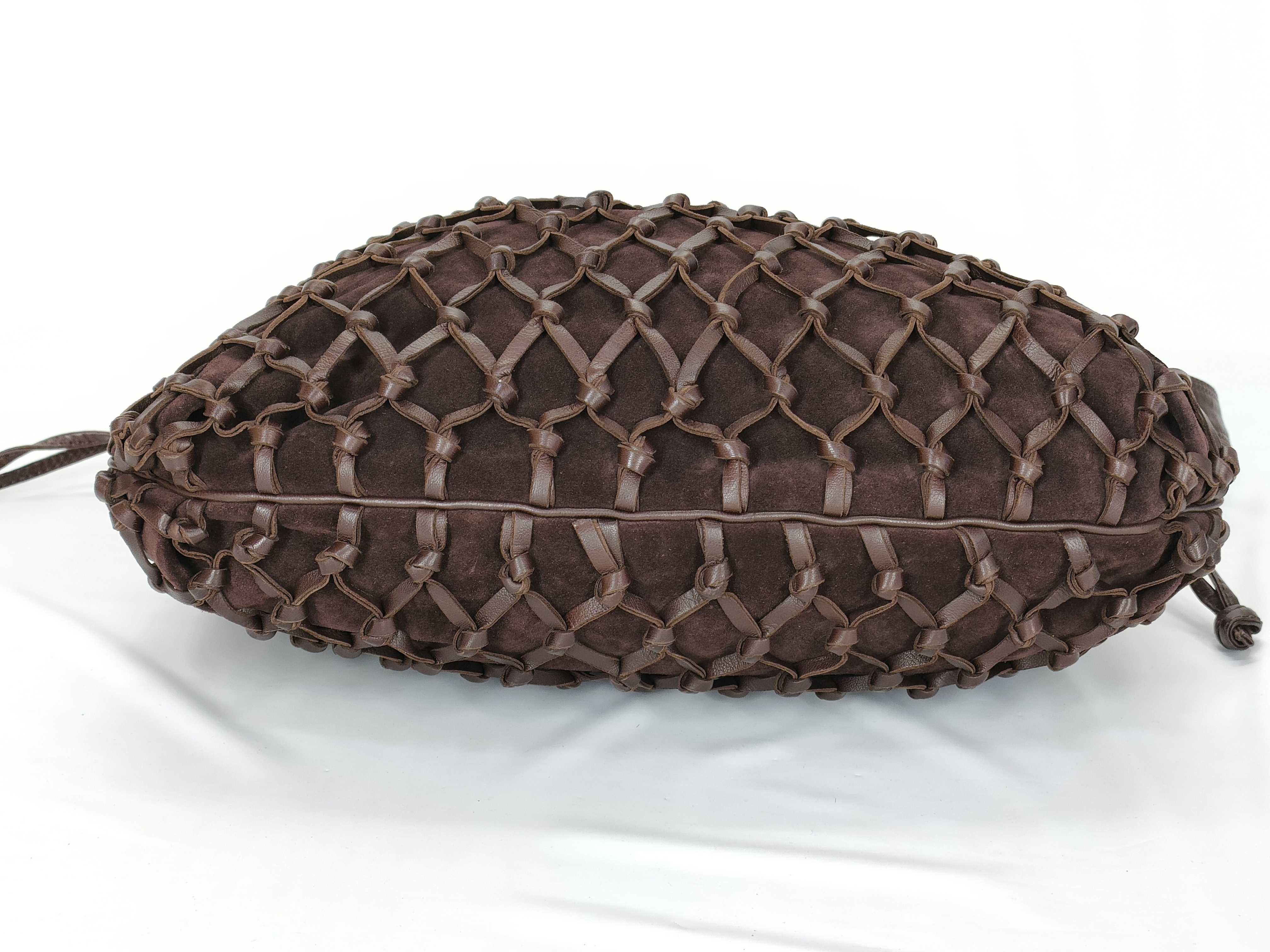 Suede Leather Net Shoulder Bag (Brown) — view 7