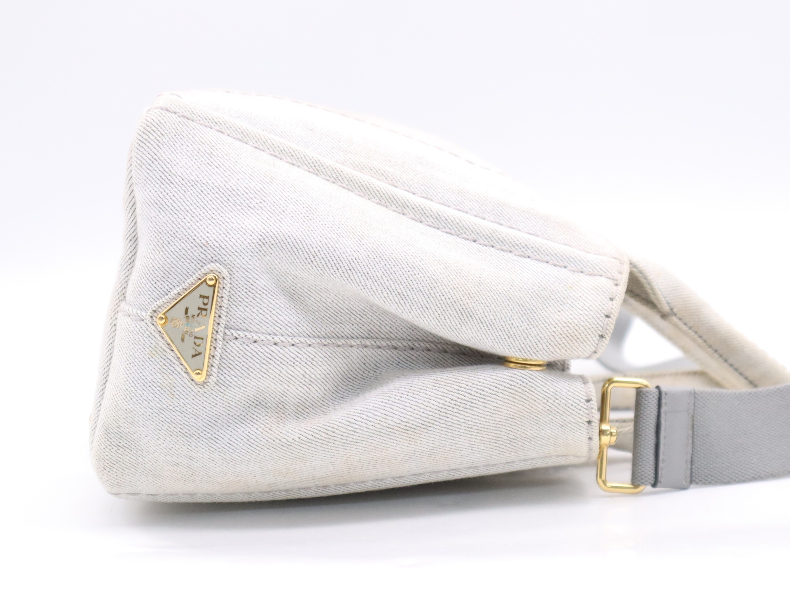 Denim Canapa Tote Mini, White, Gold Hardware, with Shoulder Strap — view 5