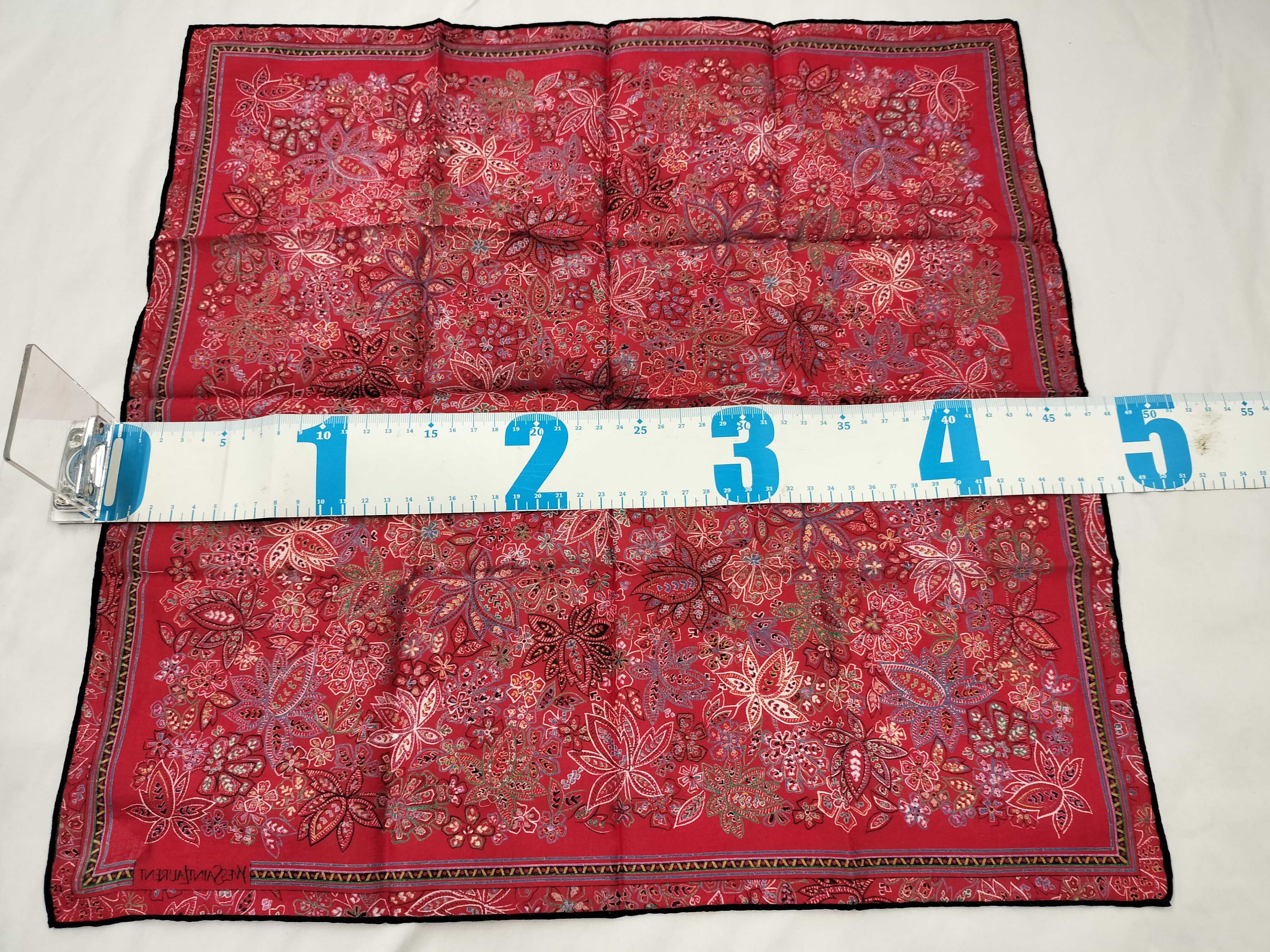 handkerchief/scarf with sticker, paisley pattern, red, and other accessories. — view 2
