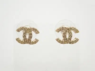 earrings, F16V, Coco Mark design, rhinestones, gold, 1.3cm wide.