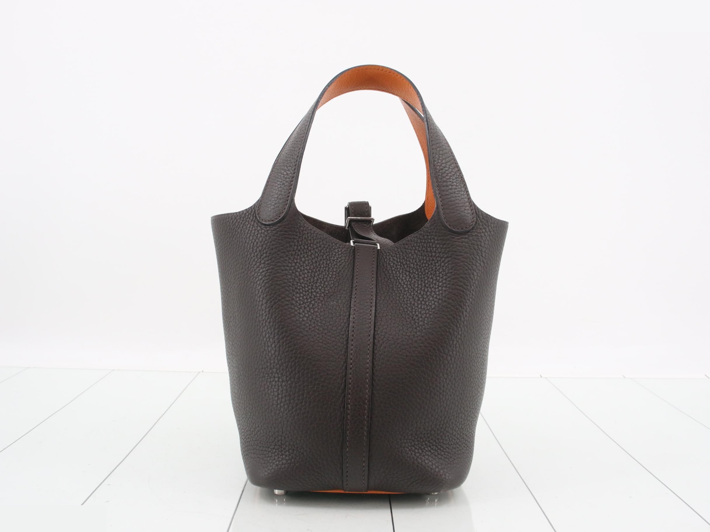 Picotin PM, brown, Taurillon leather, silver hardware, handbag