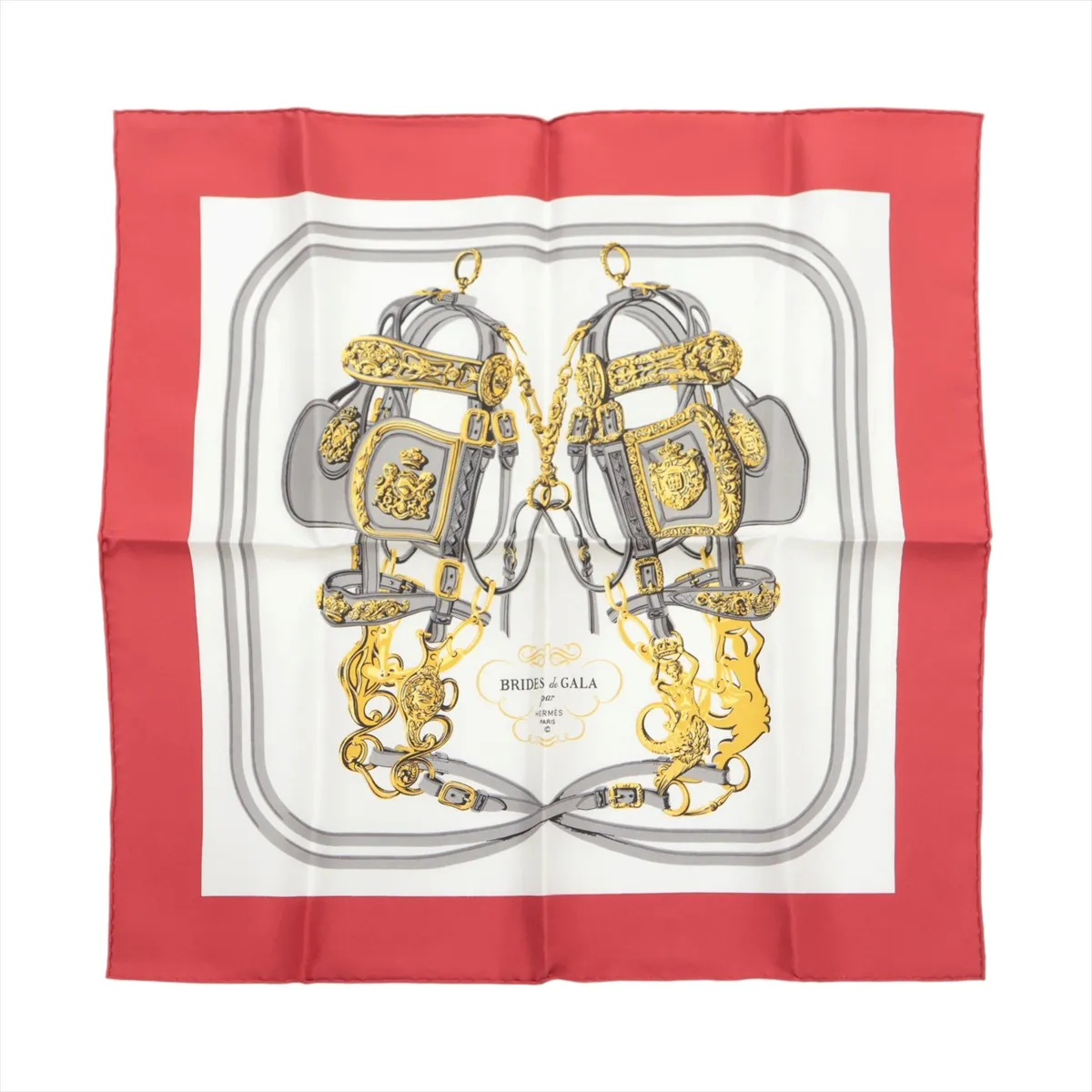 Carre 45 BRIDES de GALA Ceremonial Bridle Scarf, Silk, Red, Slight wear and snags.