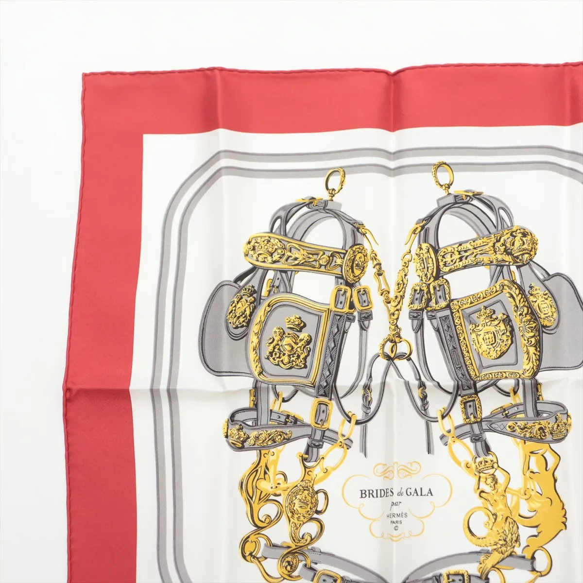 Carre 45 BRIDES de GALA Ceremonial Bridle Scarf, Silk, Red, Slight wear and snags. — view 2