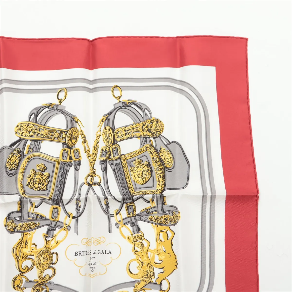 Carre 45 BRIDES de GALA Ceremonial Bridle Scarf, Silk, Red, Slight wear and snags. — view 3