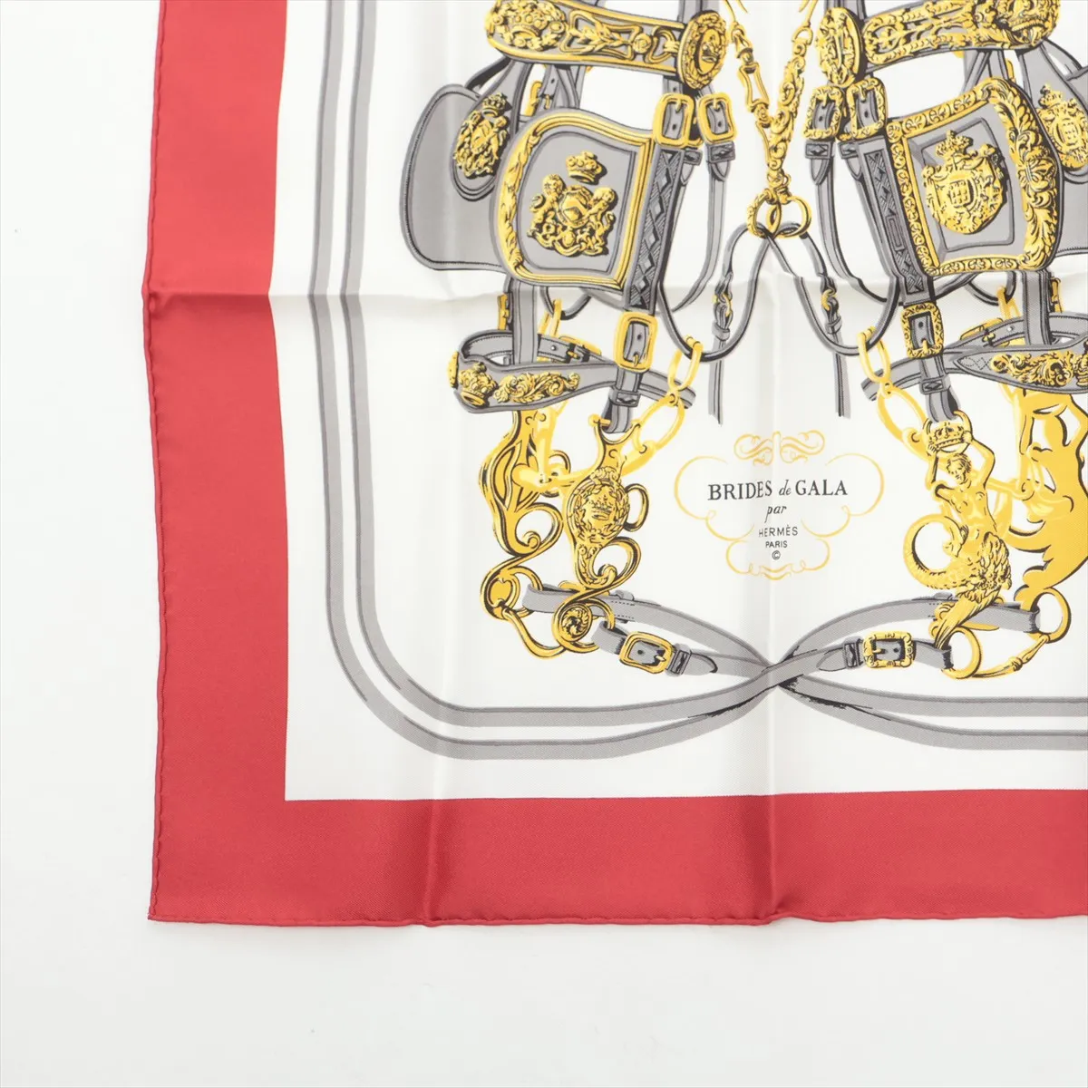 Carre 45 BRIDES de GALA Ceremonial Bridle Scarf, Silk, Red, Slight wear and snags. — view 5