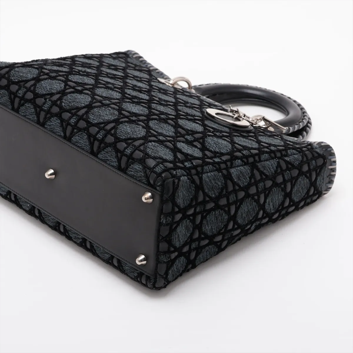 Lady Dior Cannage Tweed x Leather 2-Way Handbag, Blue x Black — view 3