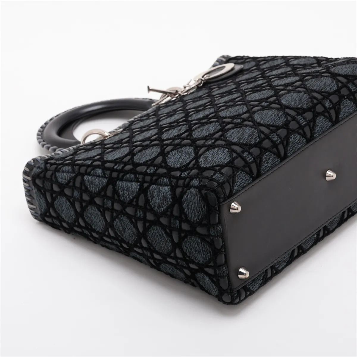 Lady Dior Cannage Tweed x Leather 2-Way Handbag, Blue x Black — view 4