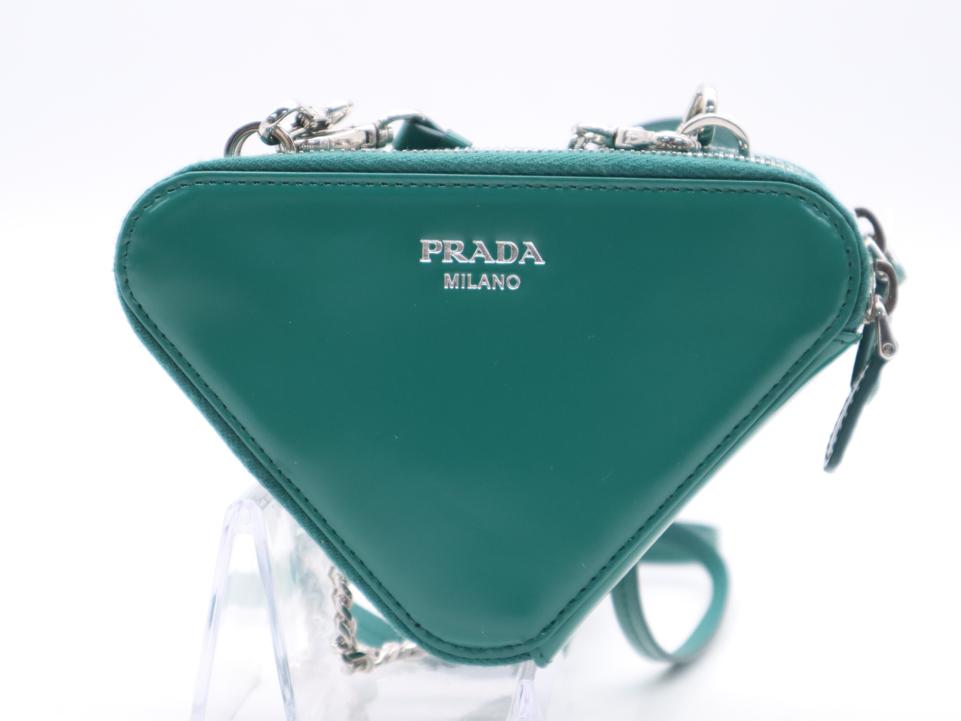1NR015 Leather Bijou Triangle Mini Pouch Green Silver Hardware with Box Shoulder Bag — view 2