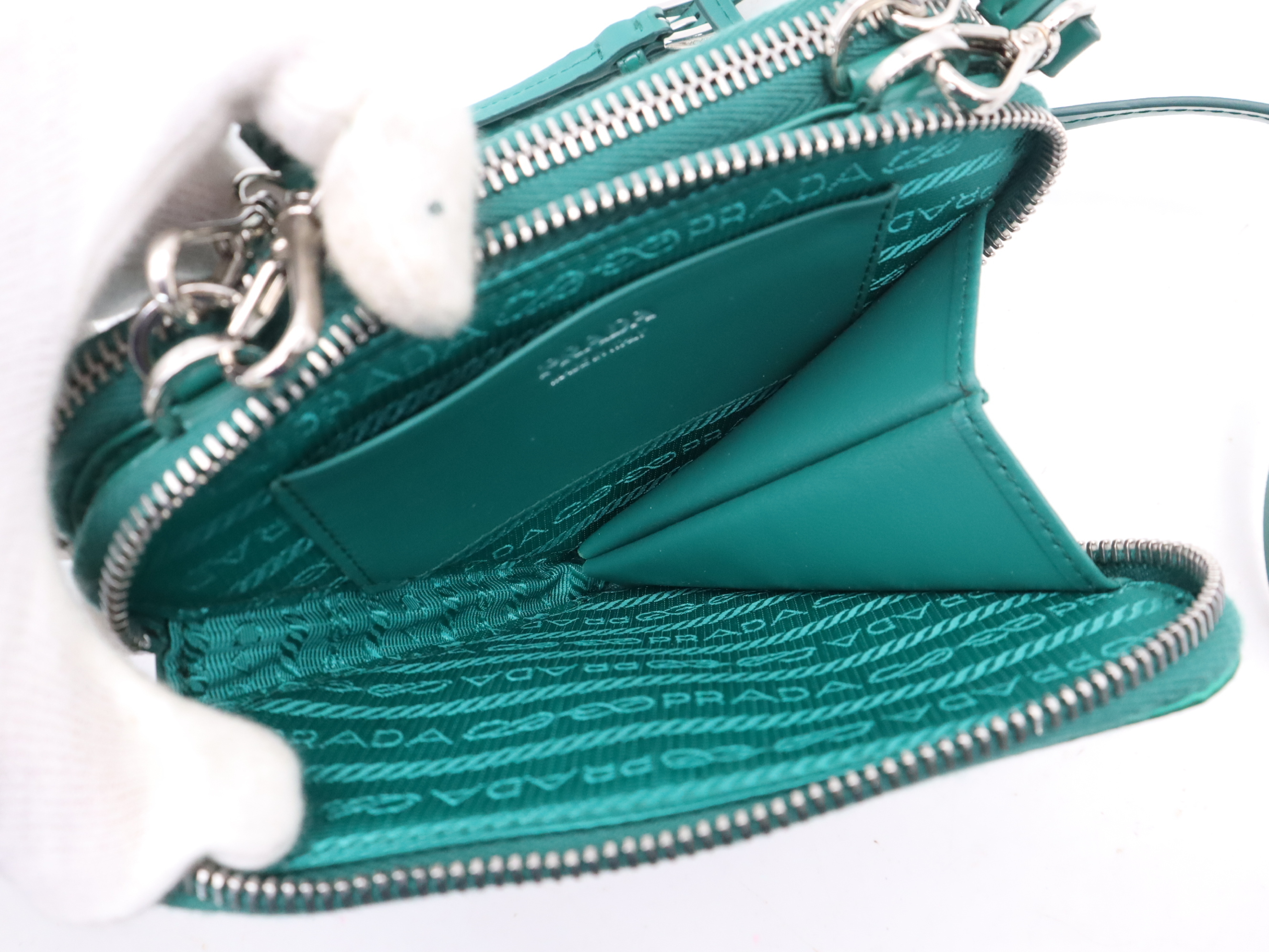 1NR015 Leather Bijou Triangle Mini Pouch Green Silver Hardware with Box Shoulder Bag — view 10