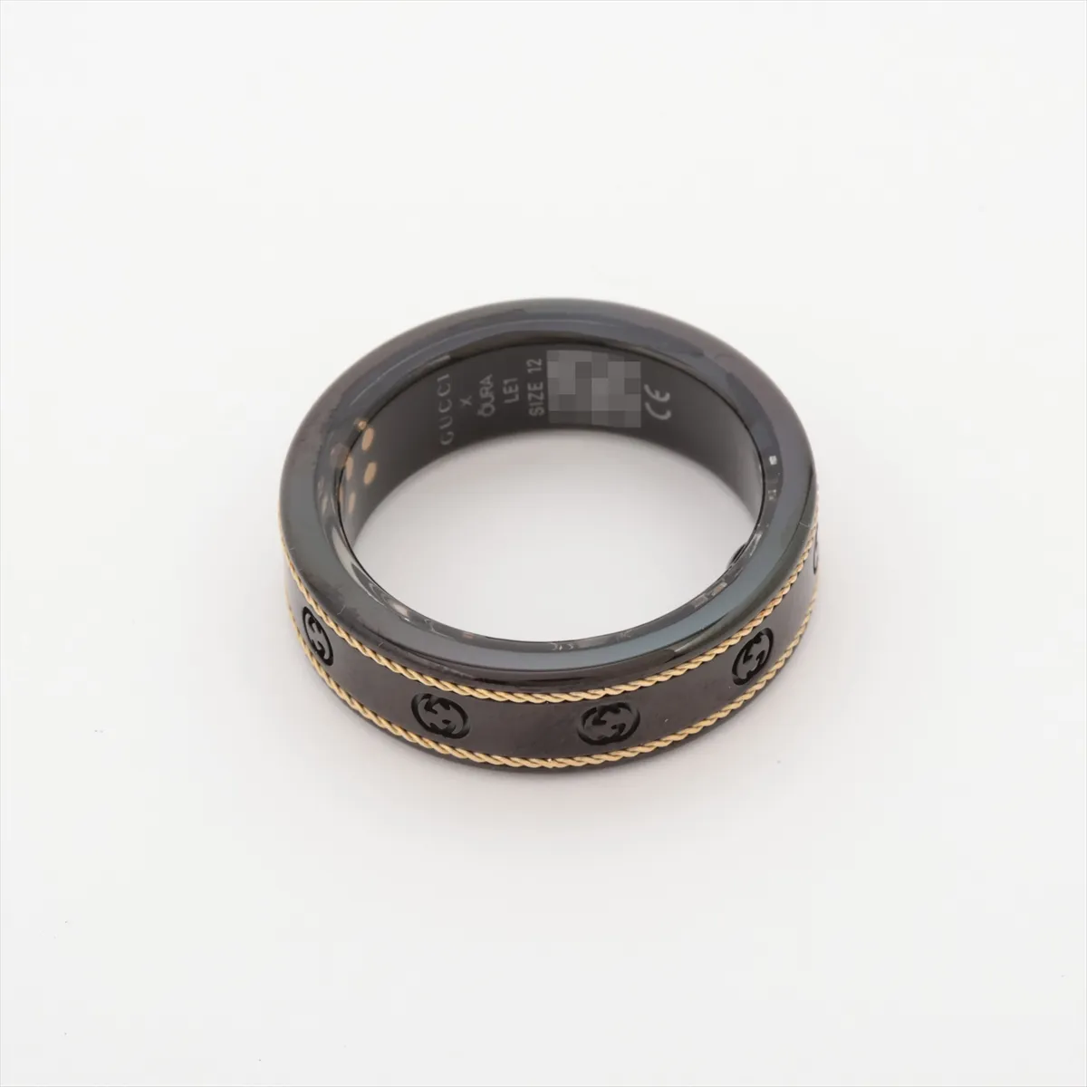 x Aura Interlocking G Ring, Size 12, Titanium, Black x Gold, — view 2
