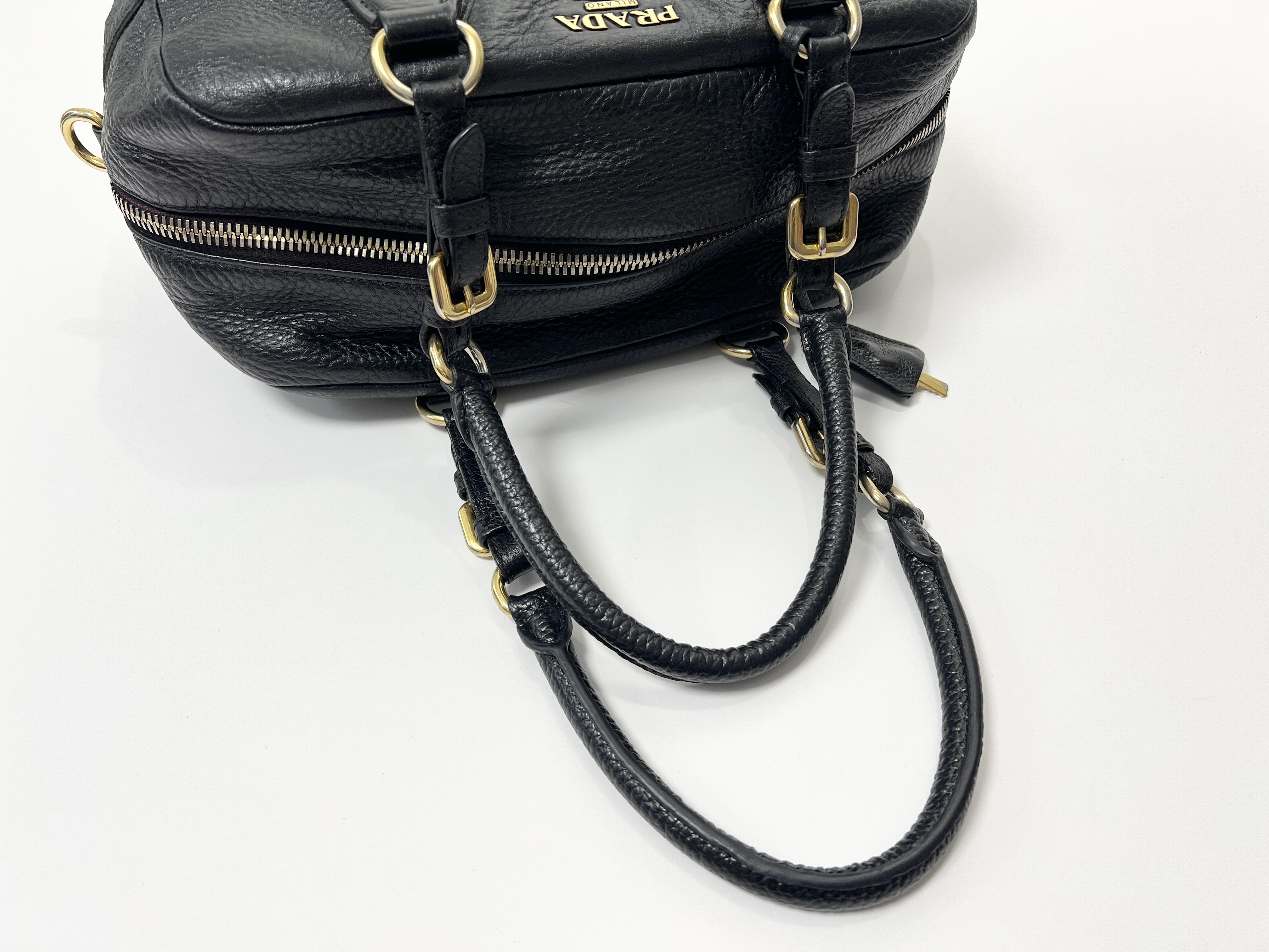 Vitello Daino Logo Leather Boston Bag, Handbag, Shoulder Bag — view 3