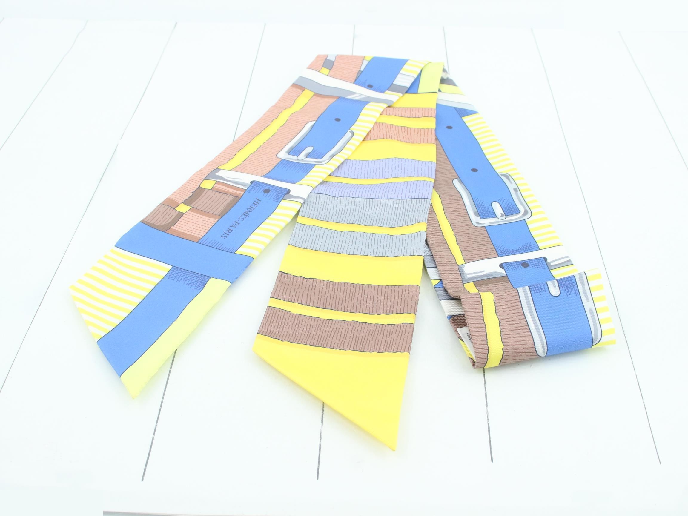 100% Silk Scarf, Belt Pattern, Yellow and Blue, with Box — view 2