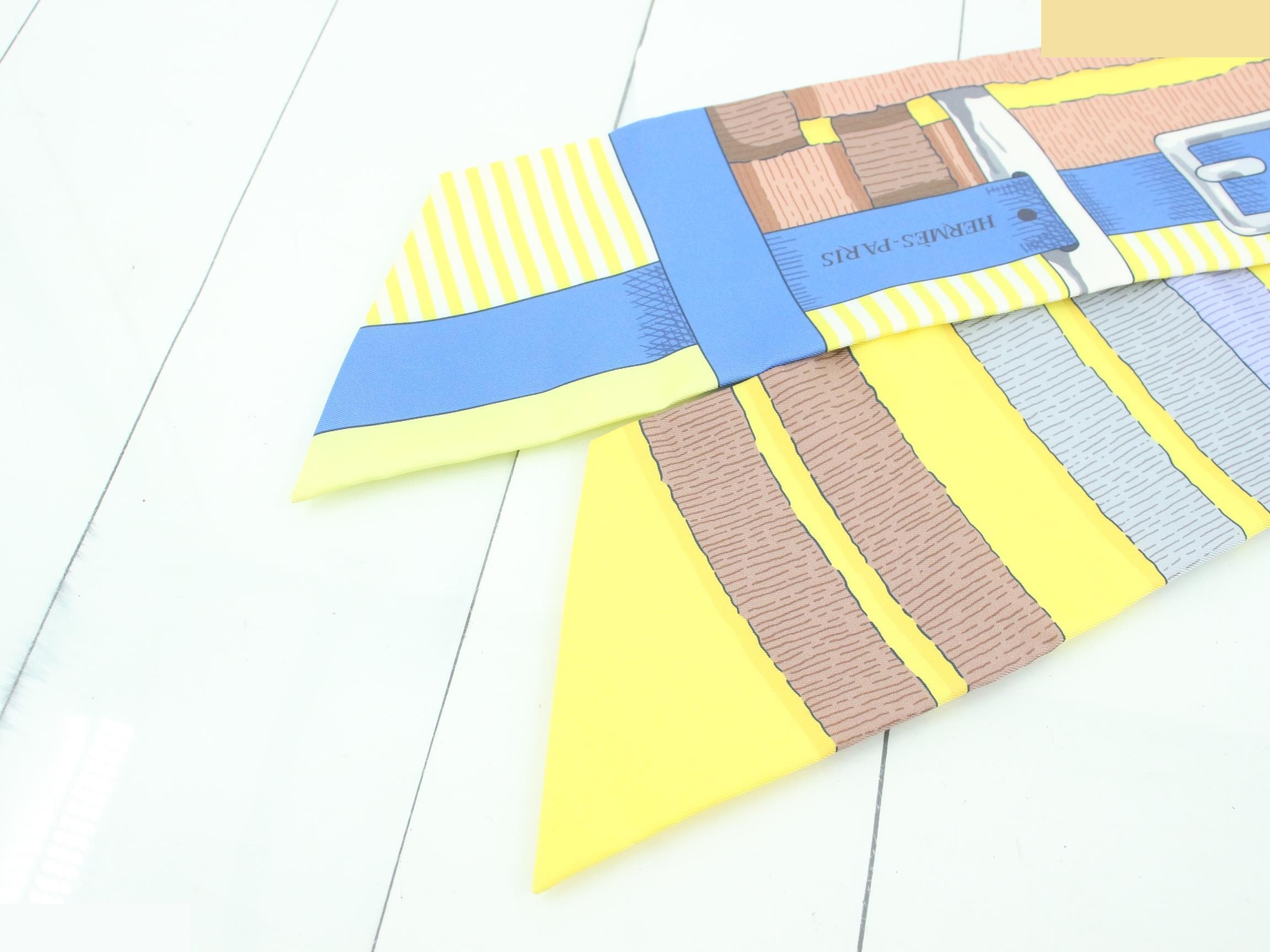 100% Silk Scarf, Belt Pattern, Yellow and Blue, with Box — view 3